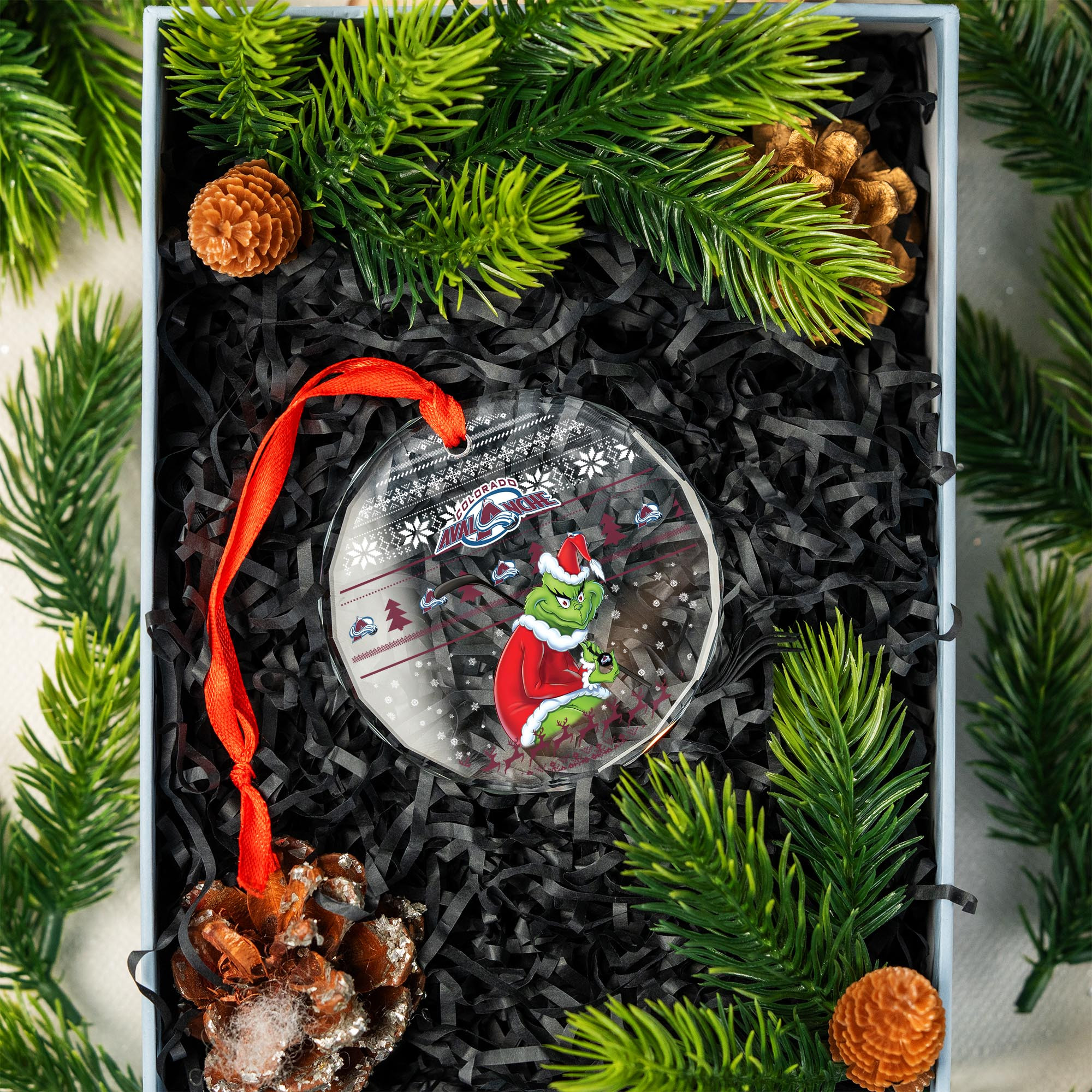 Sportswearmerch Colorado Avalanche NHL x Grinch Christmas Glass Ornament For Fans