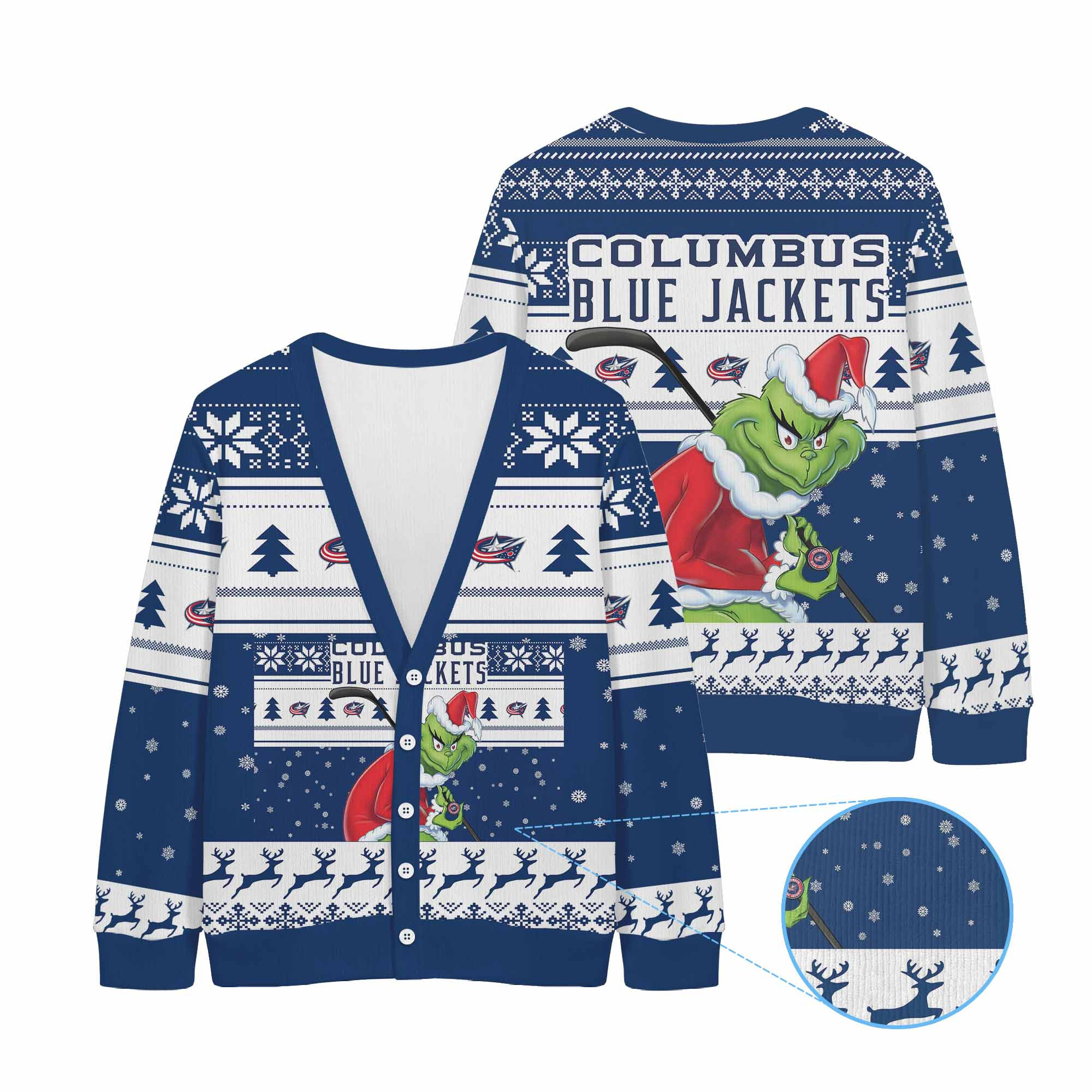 Sportswearmerch Columbus Blue Jackets NHL x Grinch Christmas Cardigan For Fan