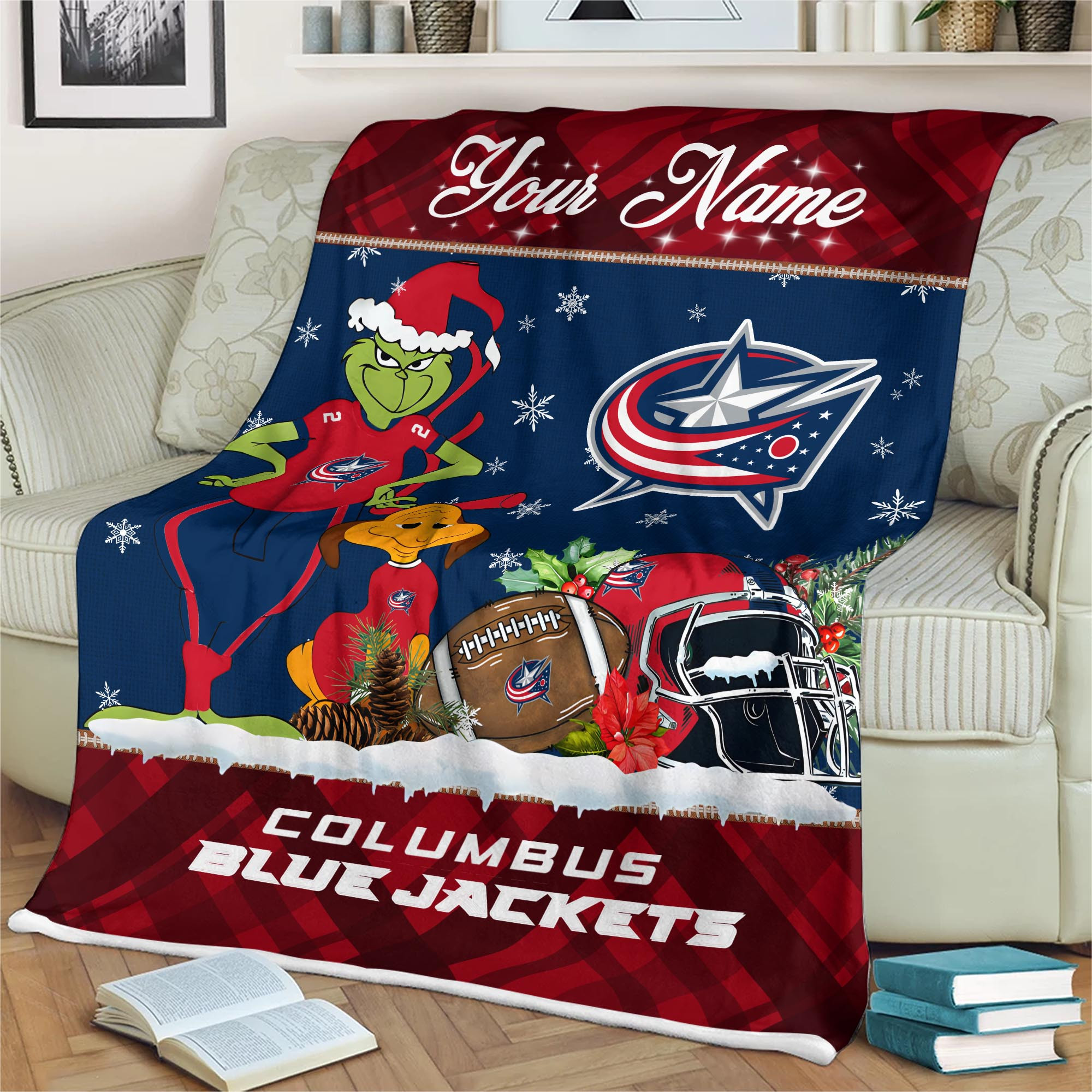 Sportswearmerch Columbus Blue Jackets NHL x Grinch Christmas Fleece Blanket For Fan