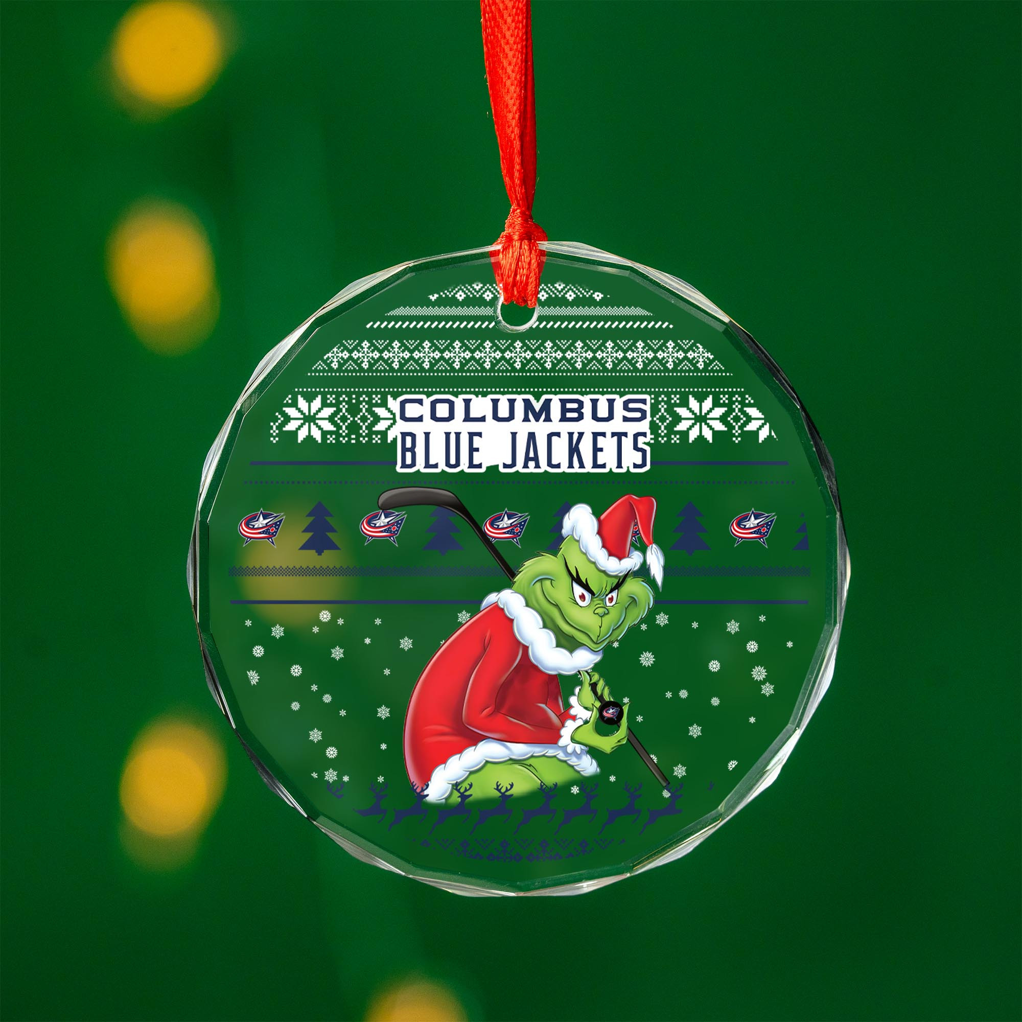 Sportswearmerch Columbus Blue Jackets NHL x Grinch Christmas Glass Ornament For Fans