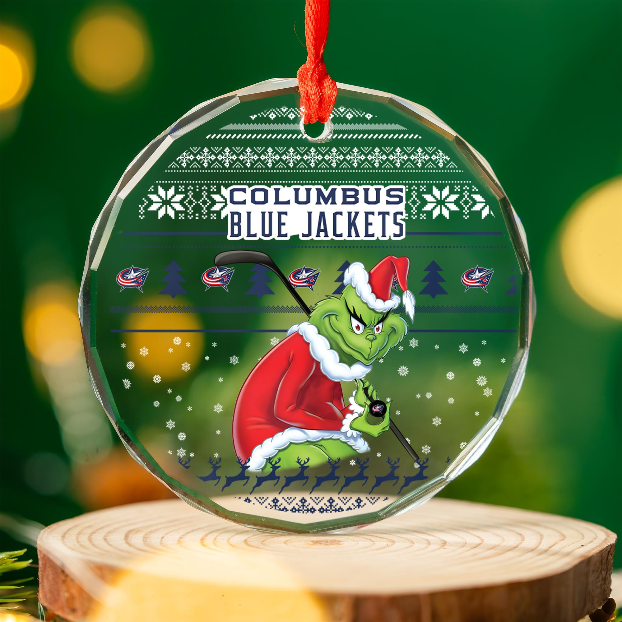 Sportswearmerch Columbus Blue Jackets NHL x Grinch Christmas Glass Ornament For Fans