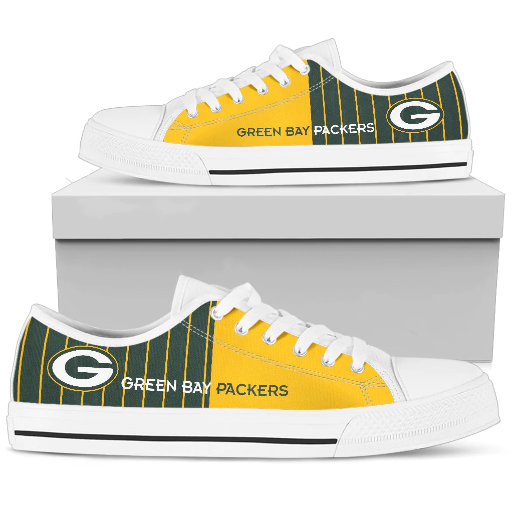 Sportswearmerch Cool Simple Design Vertical Stripes x Green Bay Packers NFL Low Top Canvas Sneakers Shoes For Men And Women