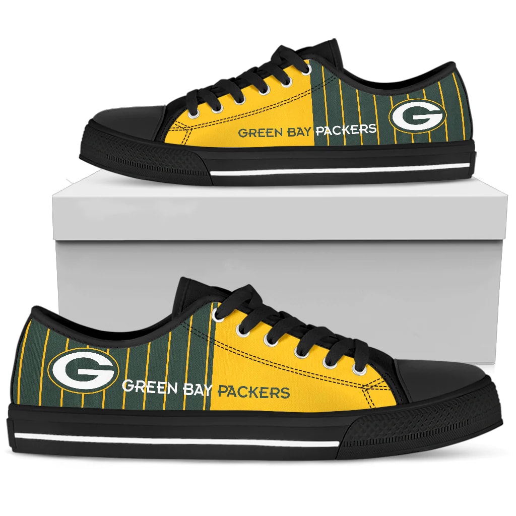 Sportswearmerch Cool Simple Design Vertical Stripes x Green Bay Packers NFL Low Top Canvas Sneakers Shoes For Men And Women