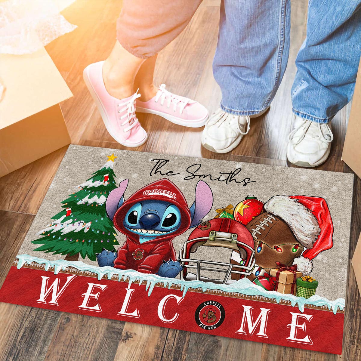 Sportswearmerch Cornell Big Red NCAA x Cute Stitch Christmas Doormat For Fan