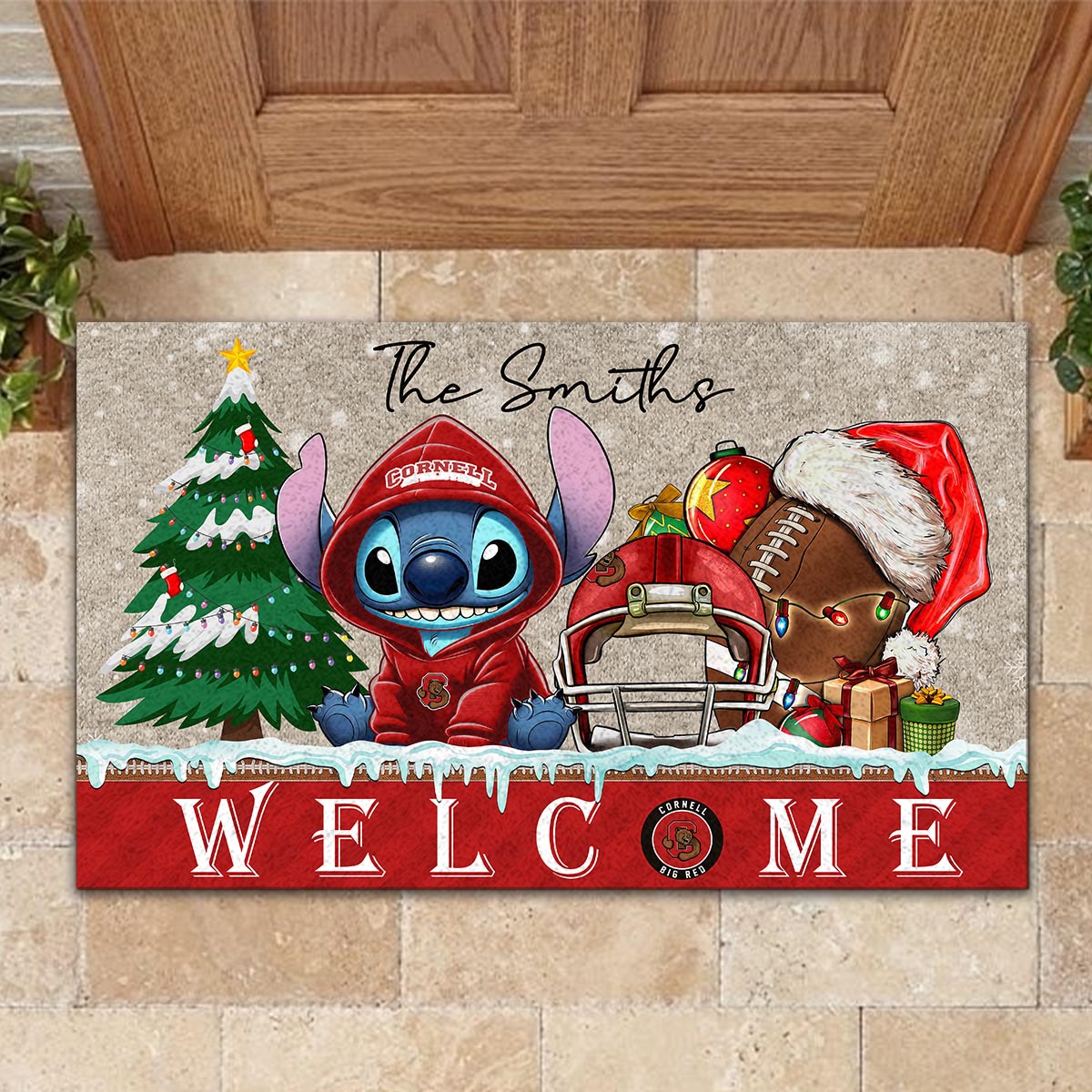 Sportswearmerch Cornell Big Red NCAA x Cute Stitch Christmas Doormat For Fan