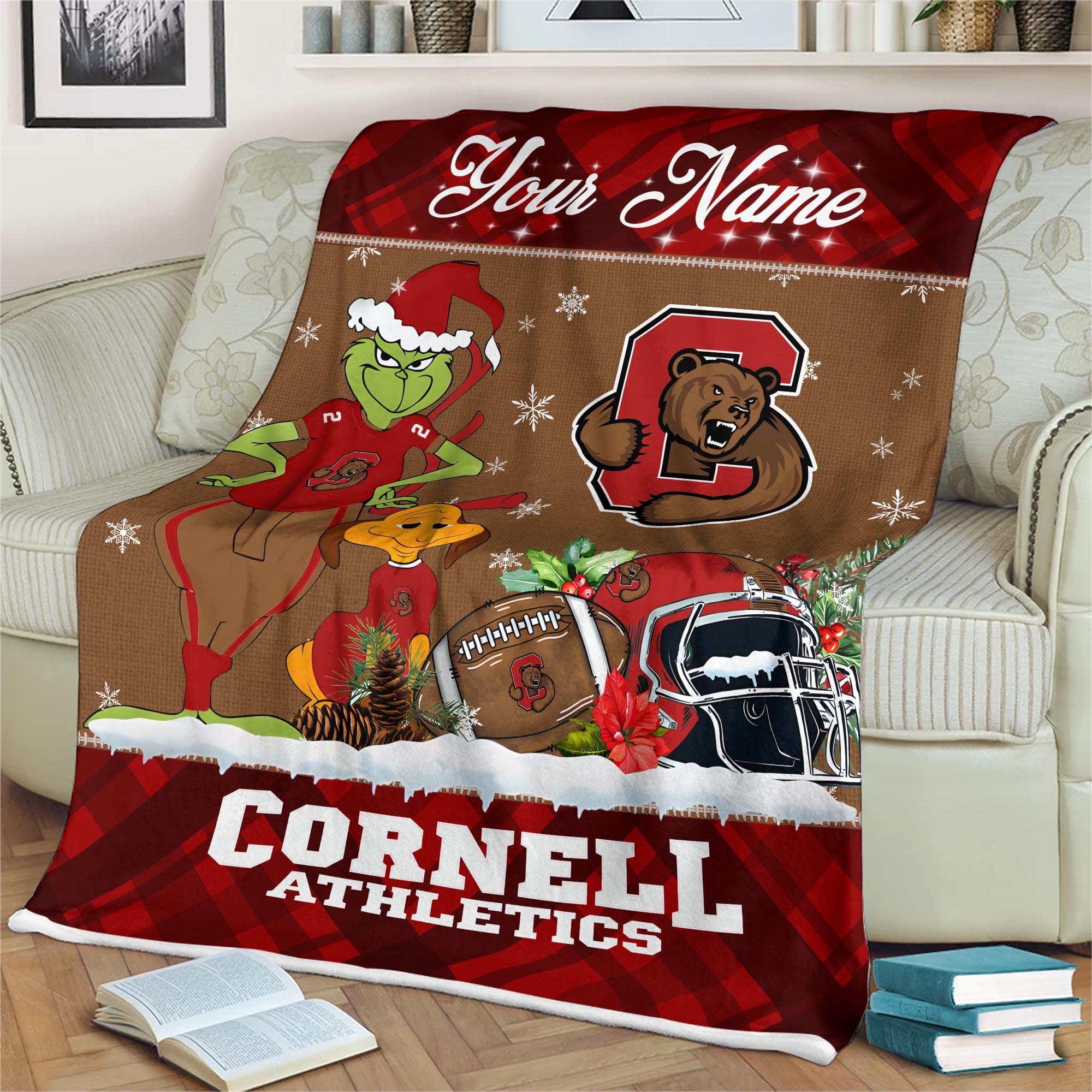 Sportswearmerch Cornell Big Red NCAA x Grinch Christmas Fleece Blanket For Fan