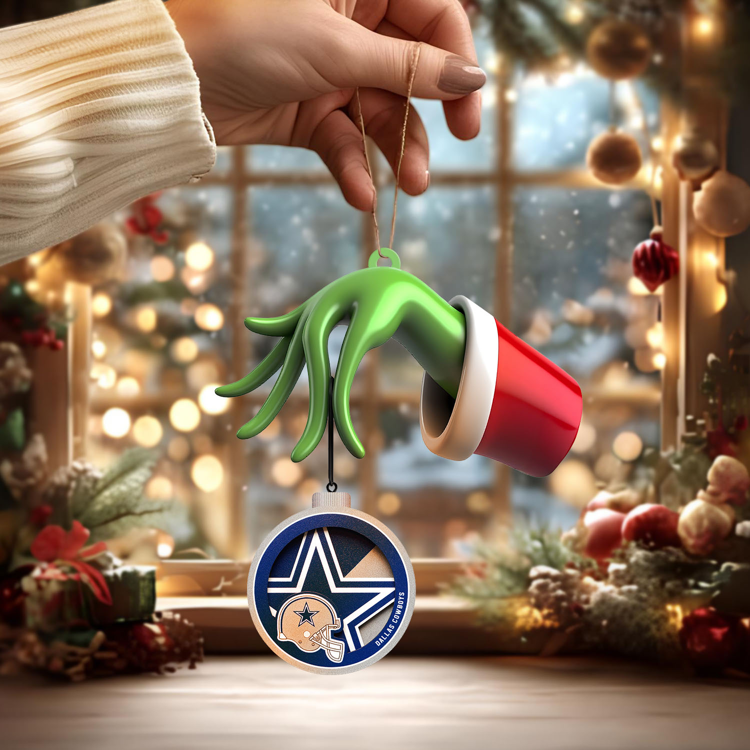 Sportswearmerch Dallas Cowboys NFL x The Grinch Christmas Acrylic Mix Wooden Ornament Gift For Fans