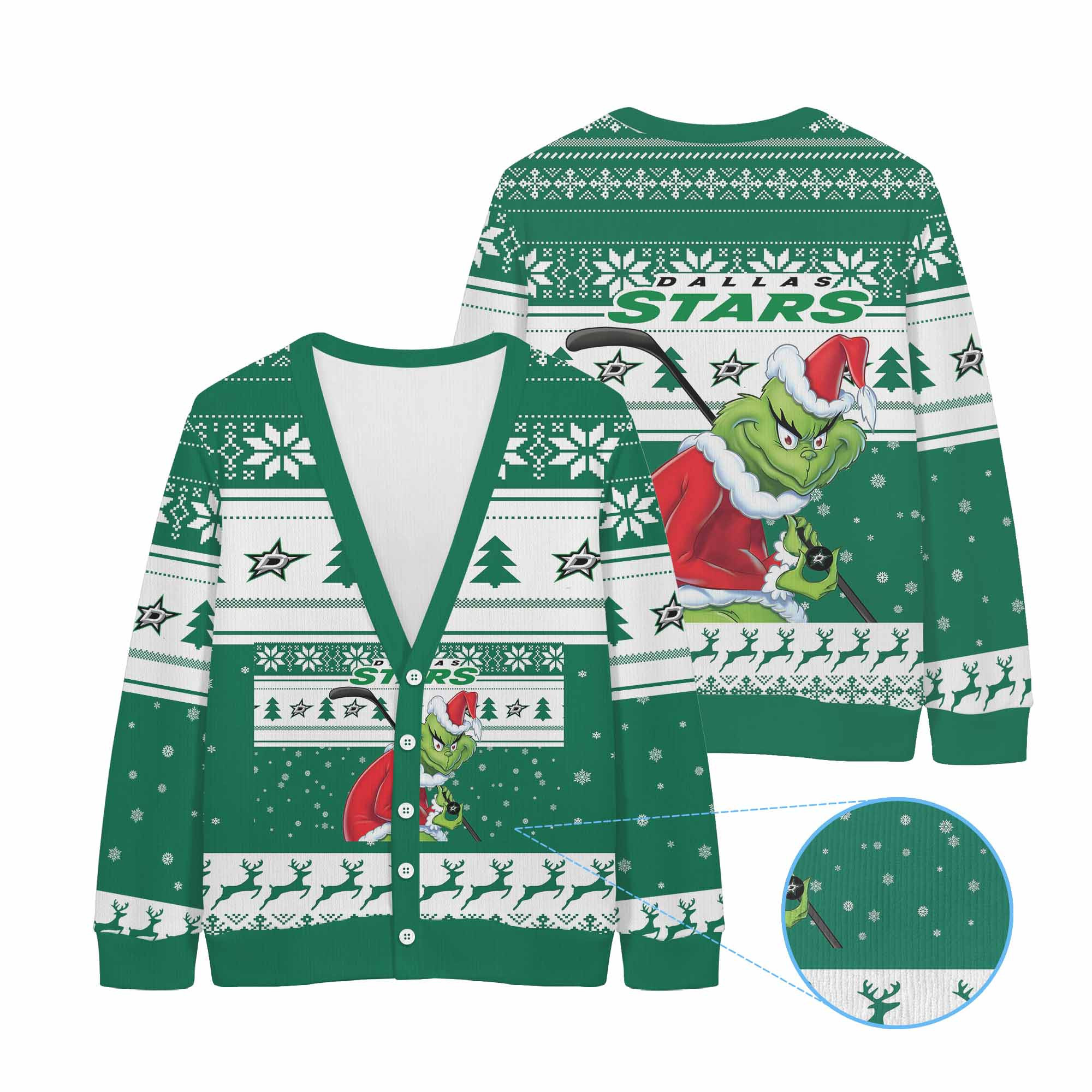 Sportswearmerch Dallas Stars NHL x Grinch Christmas Cardigan For Fan