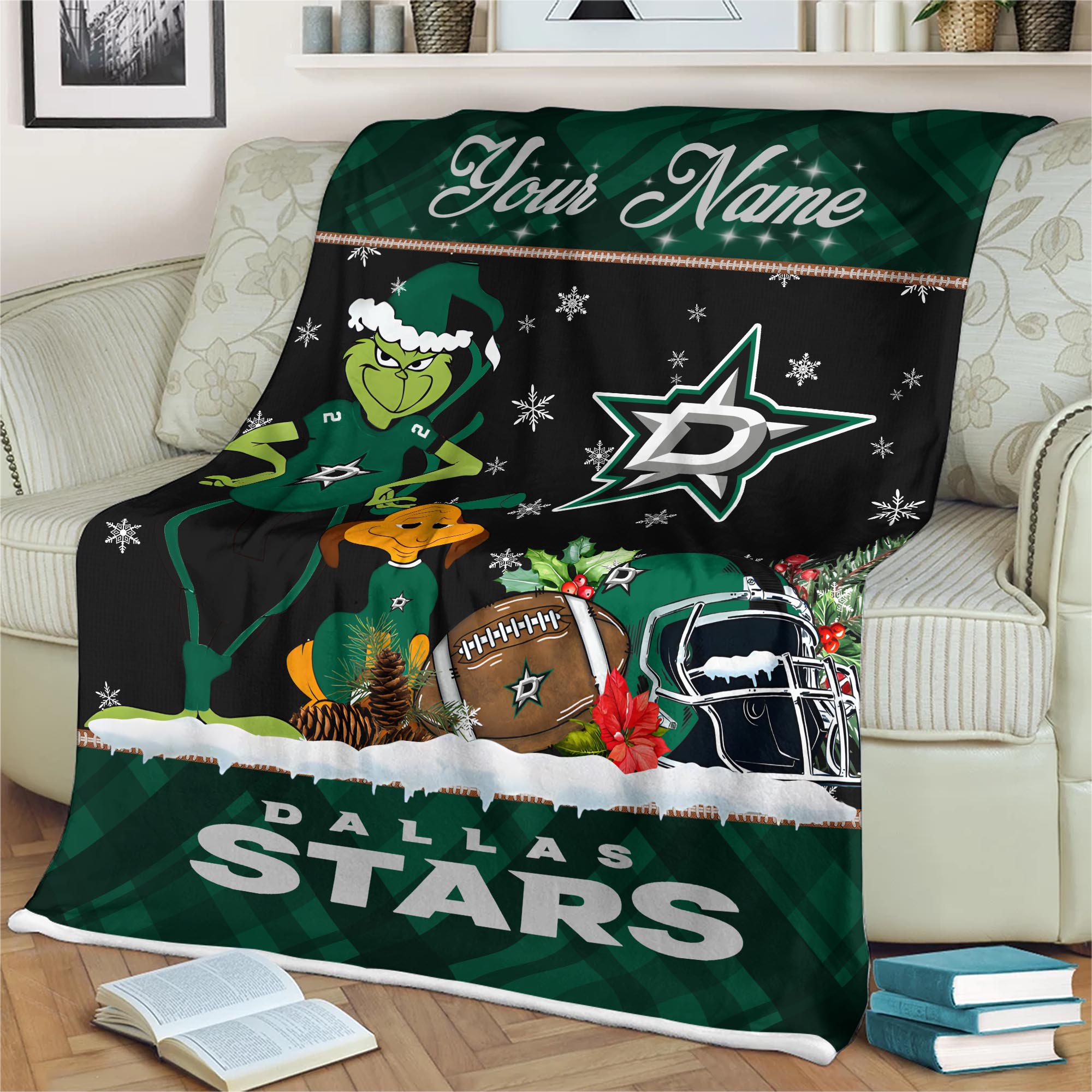 Sportswearmerch Dallas Stars NHL x Grinch Christmas Fleece Blanket For Fan
