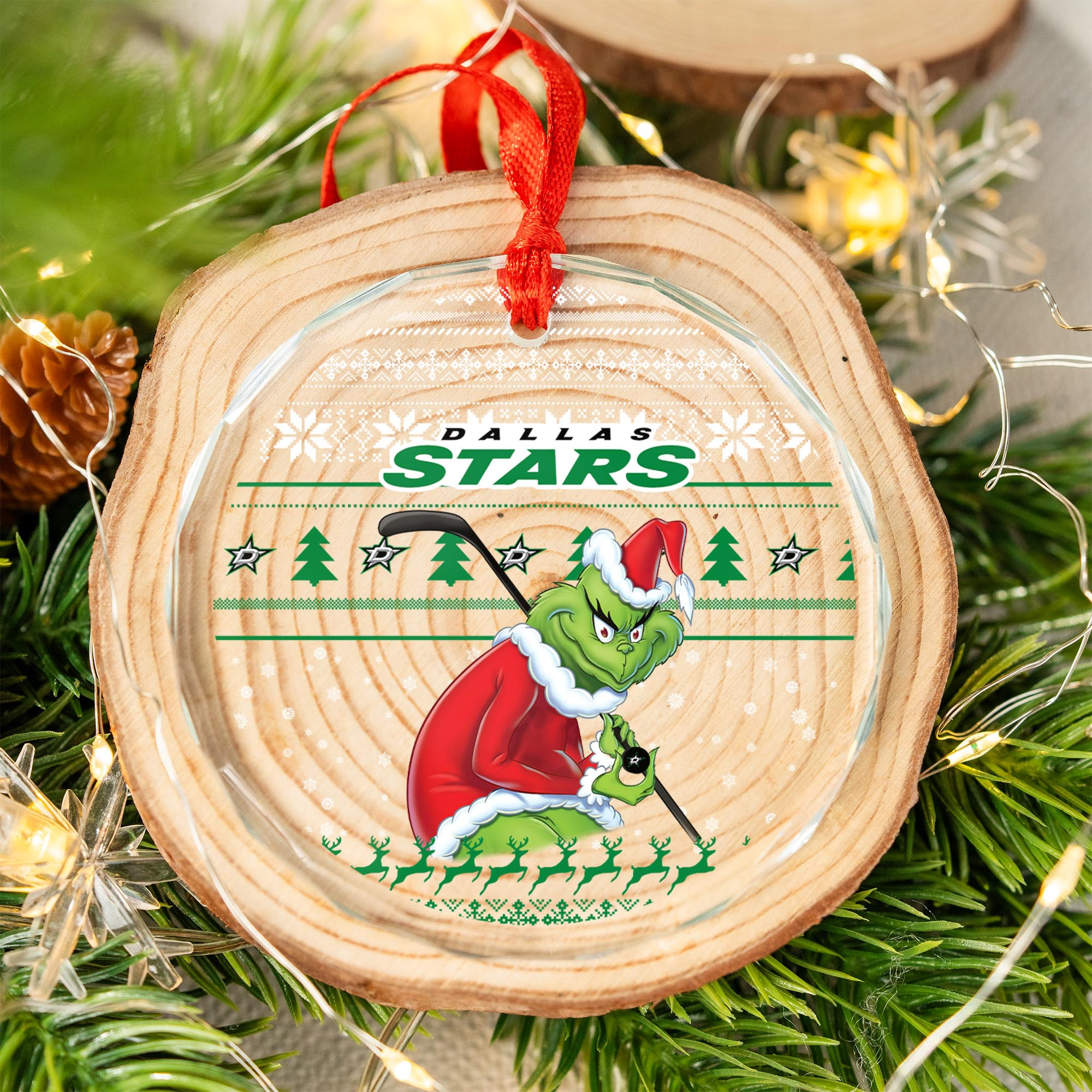 Sportswearmerch Dallas Stars NHL x Grinch Christmas Glass Ornament For Fans