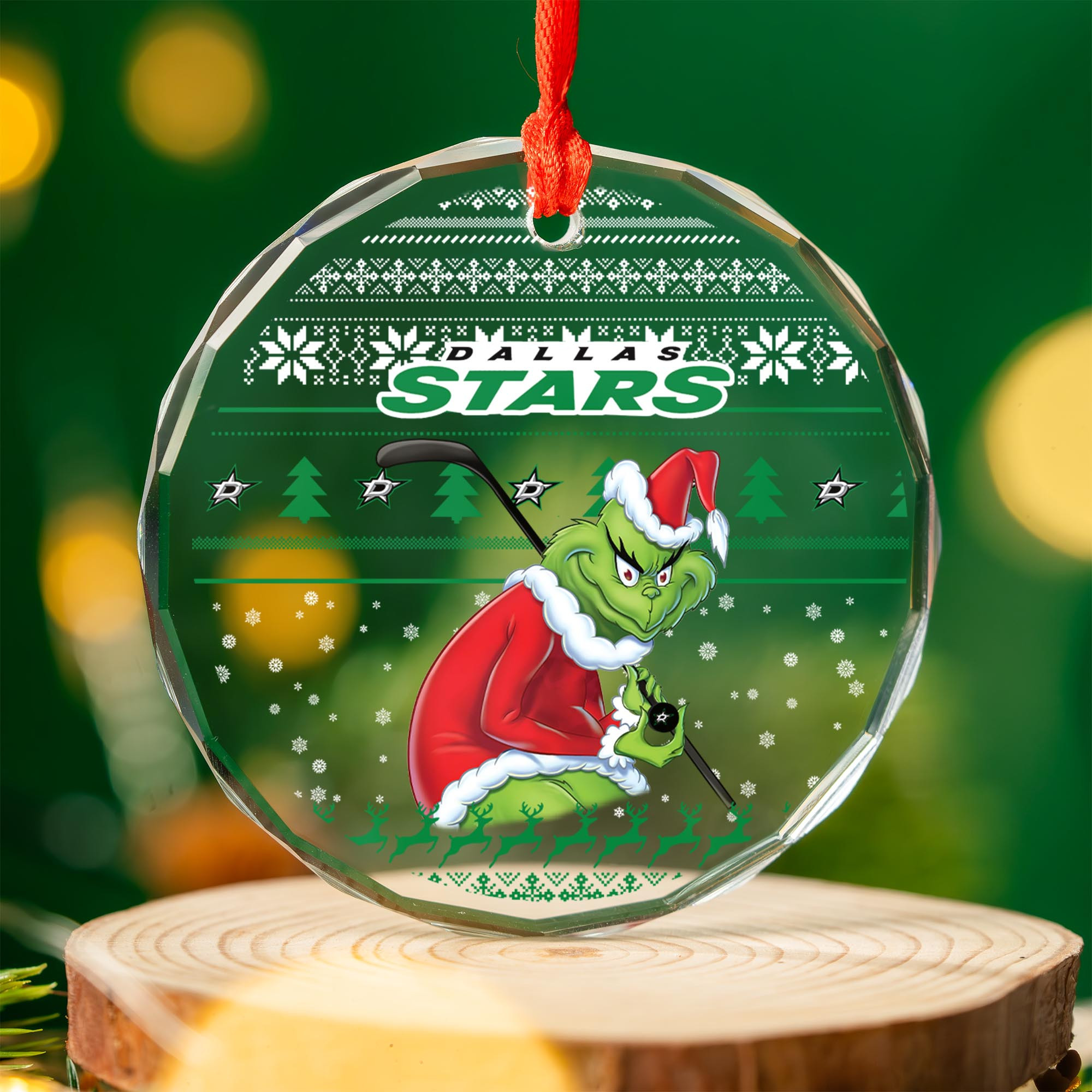 Sportswearmerch Dallas Stars NHL x Grinch Christmas Glass Ornament For Fans
