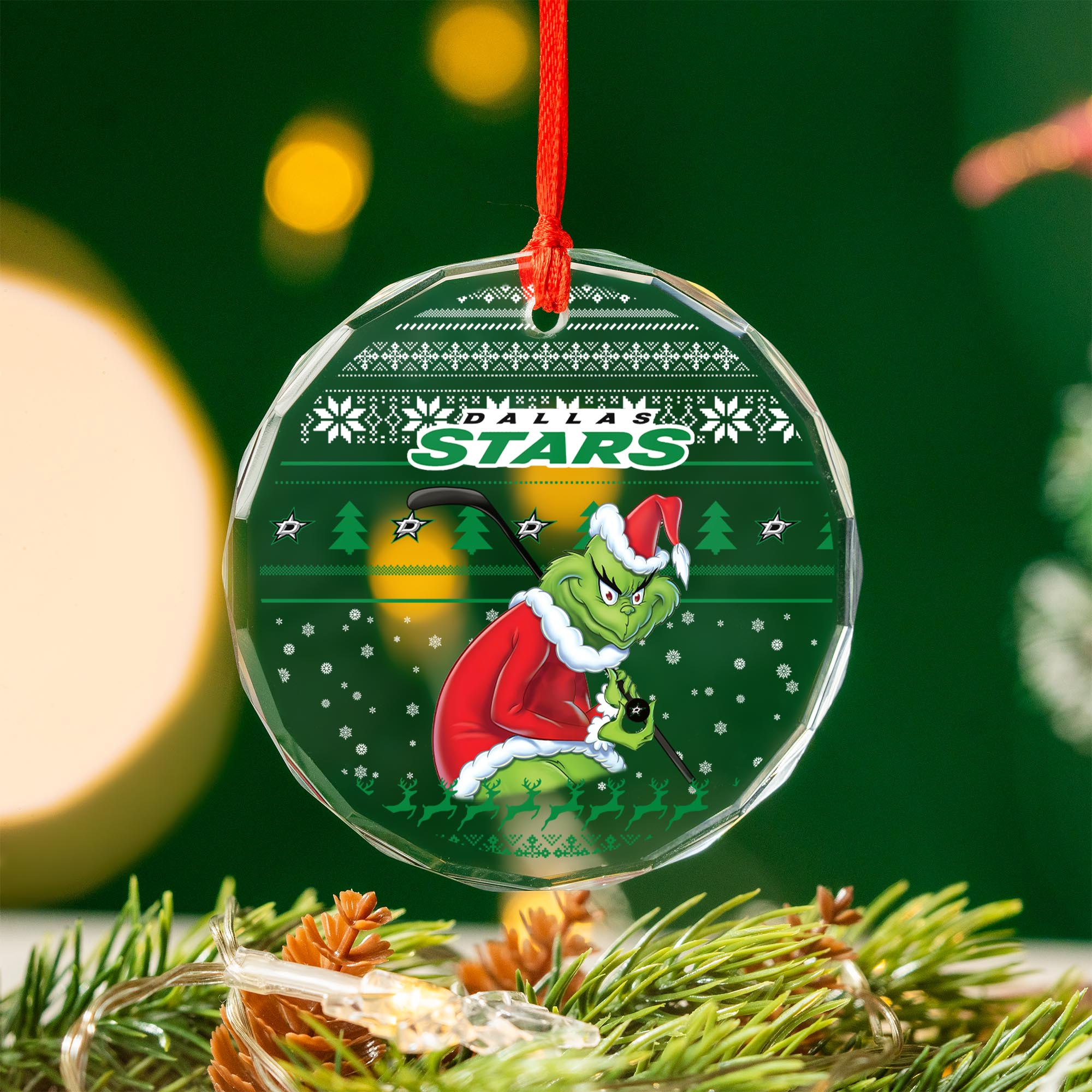 Sportswearmerch Dallas Stars NHL x Grinch Christmas Glass Ornament For Fans