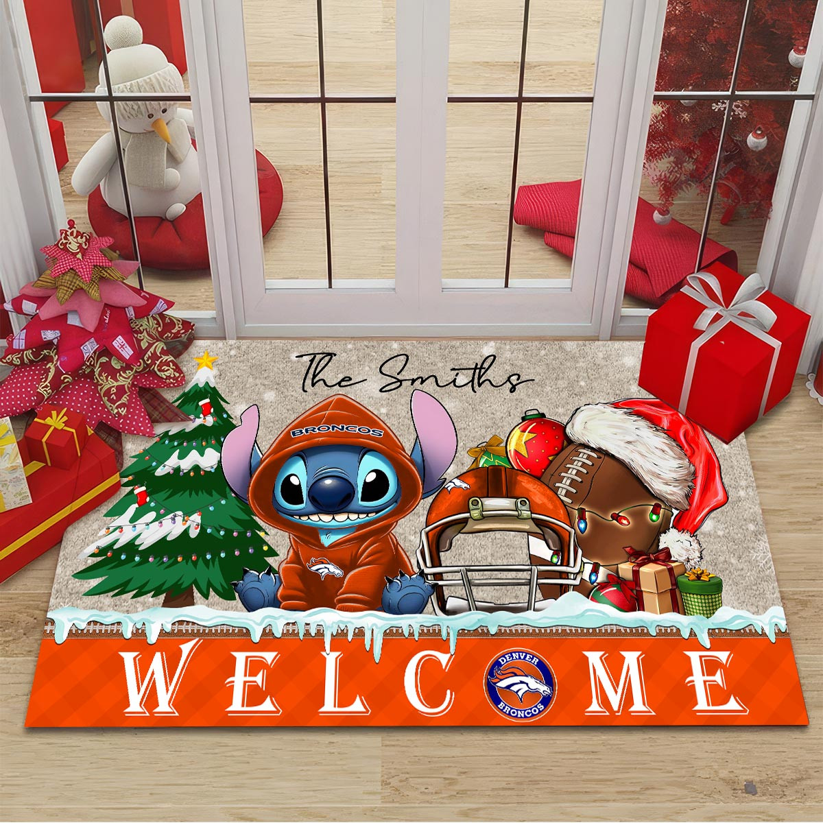 Sportswearmerch Denver Broncos NFL x Cute Stitch Christmas Doormat For Fan