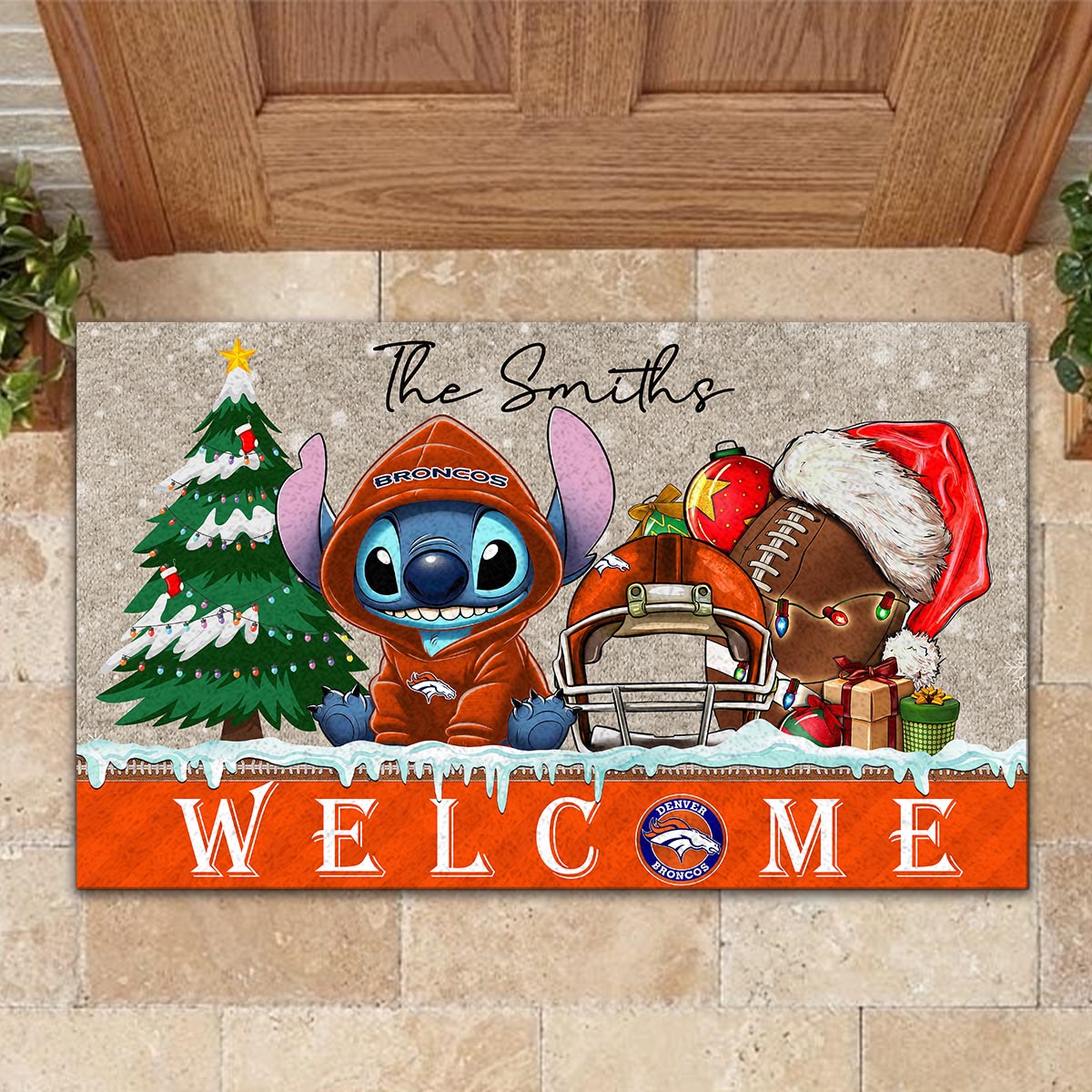 Sportswearmerch Denver Broncos NFL x Cute Stitch Christmas Doormat For Fan