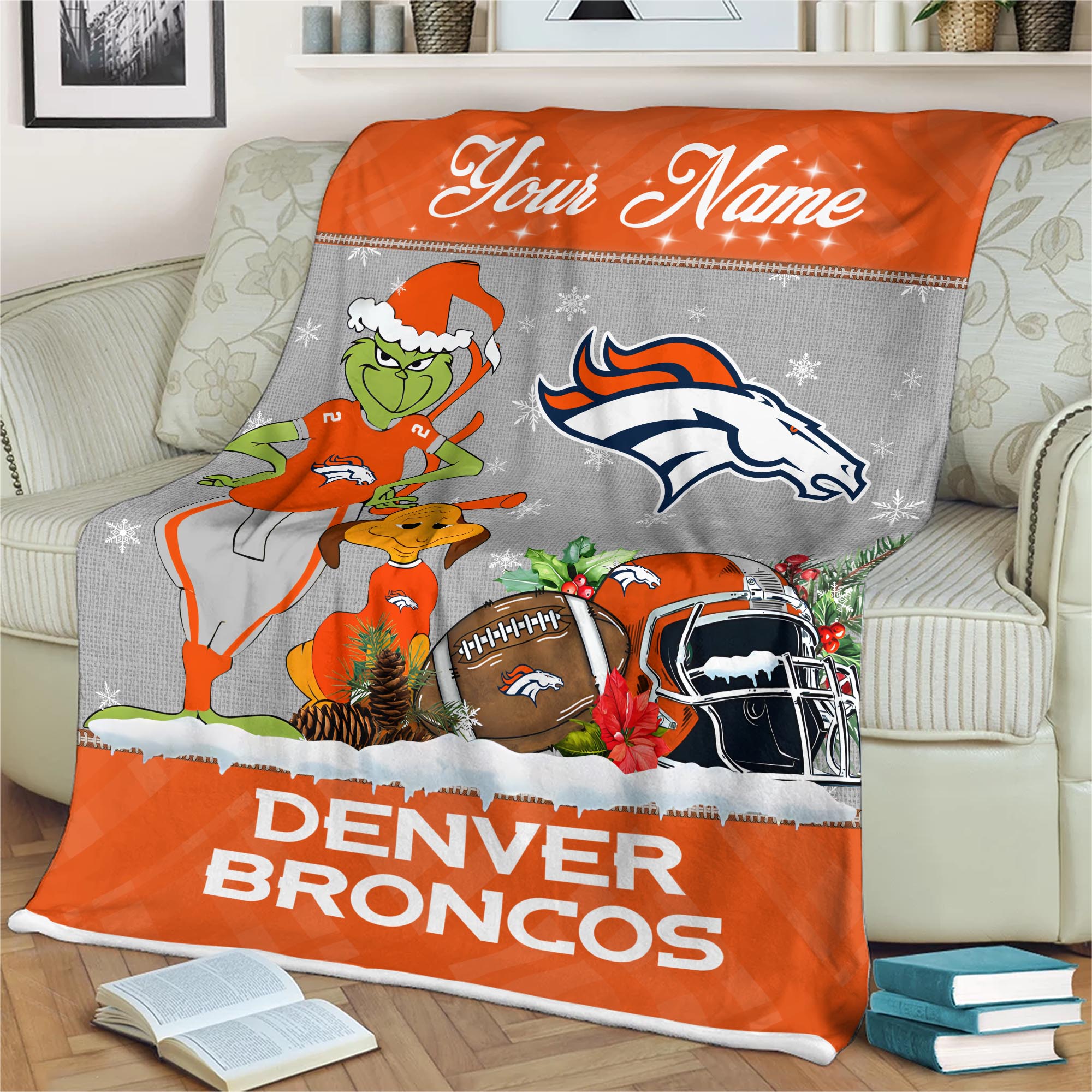 Sportswearmerch Denver Broncos NFL x Grinch Christmas Fleece Blanket For Fan