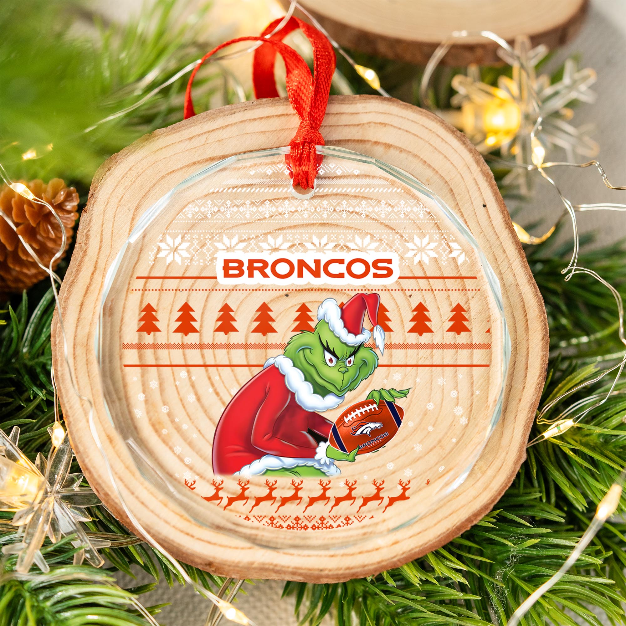 Sportswearmerch Denver Broncos NFL x Grinch Christmas Glass Ornament For Fans