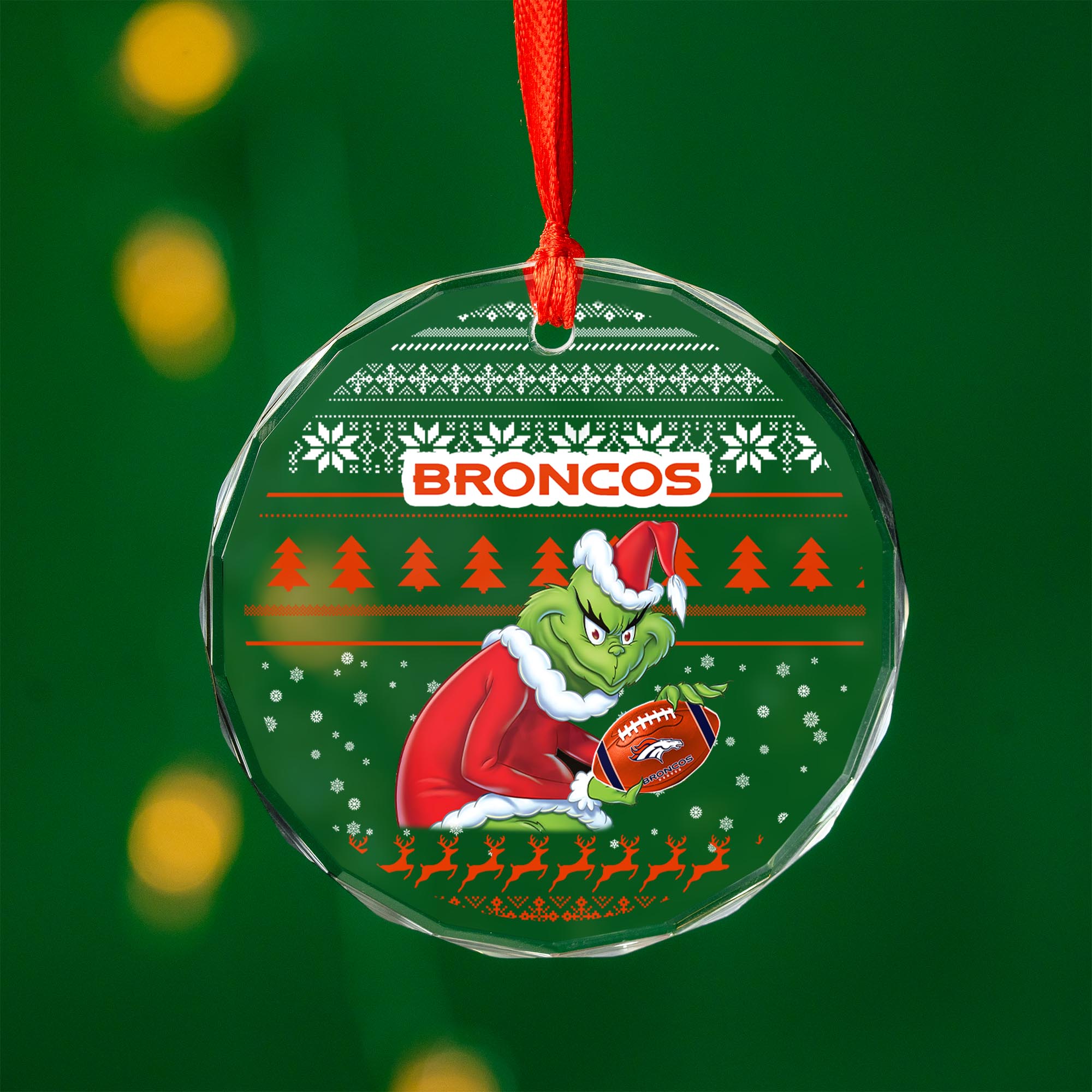 Sportswearmerch Denver Broncos NFL x Grinch Christmas Glass Ornament For Fans