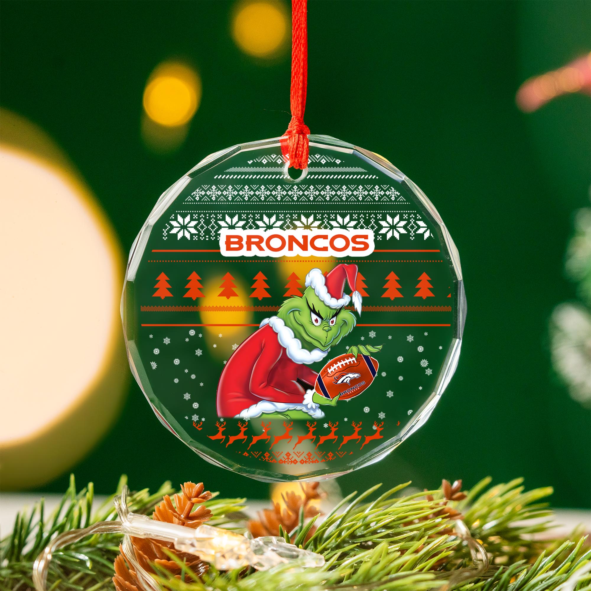 Sportswearmerch Denver Broncos NFL x Grinch Christmas Glass Ornament For Fans