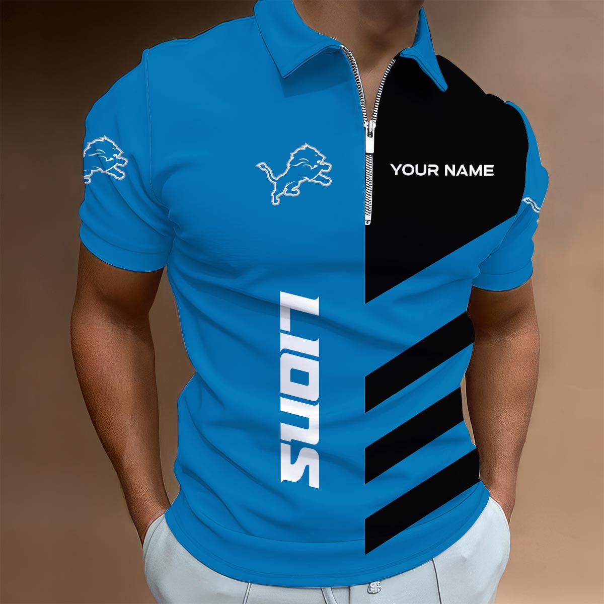 Sportswearmerch Detroit Lions NFL Lapel Zip Polo Shirt For Fan