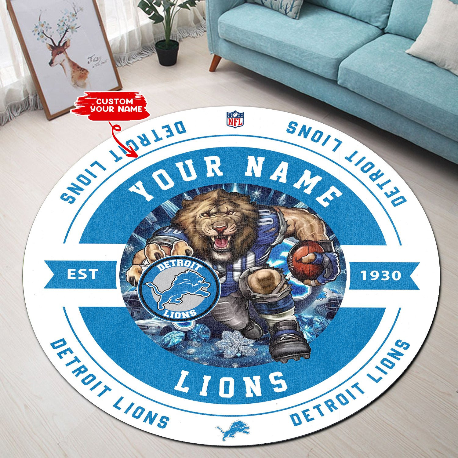 Sportswearmerch Detroit Lions NFL Personalized Round Rug For Fan