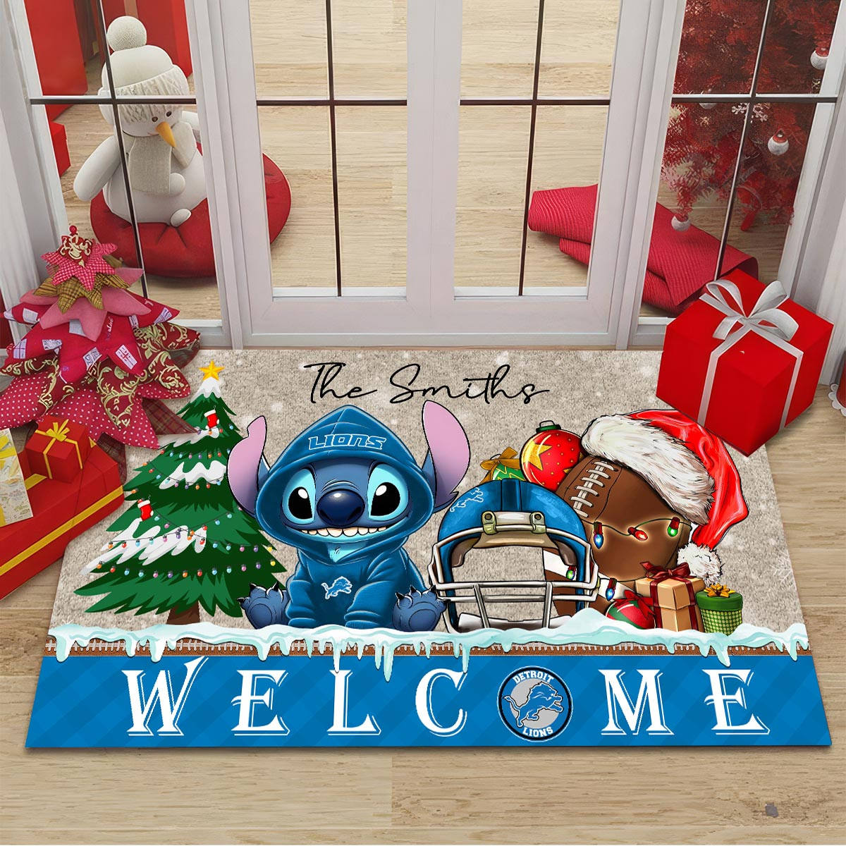 Sportswearmerch Detroit Lions NFL x Cute Stitch Christmas Doormat For Fan