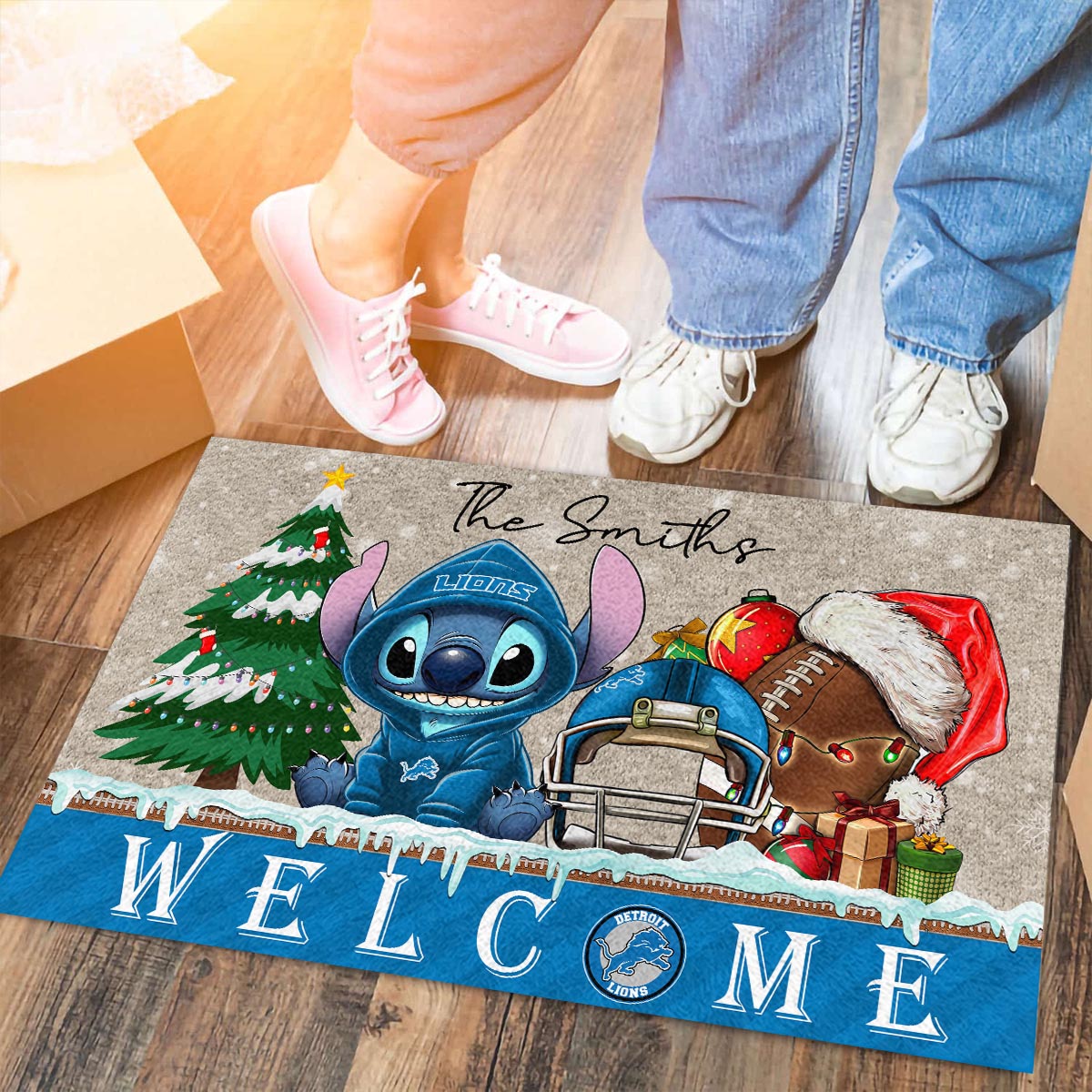Sportswearmerch Detroit Lions NFL x Cute Stitch Christmas Doormat For Fan