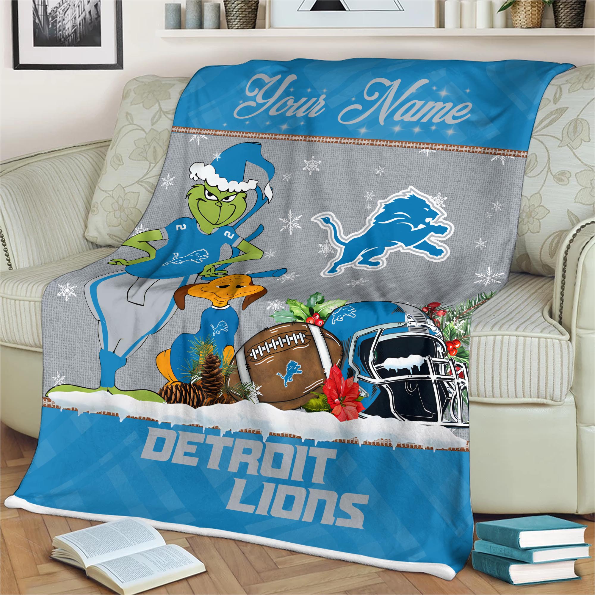 Sportswearmerch Detroit Lions NFL x Grinch Christmas Fleece Blanket For Fan