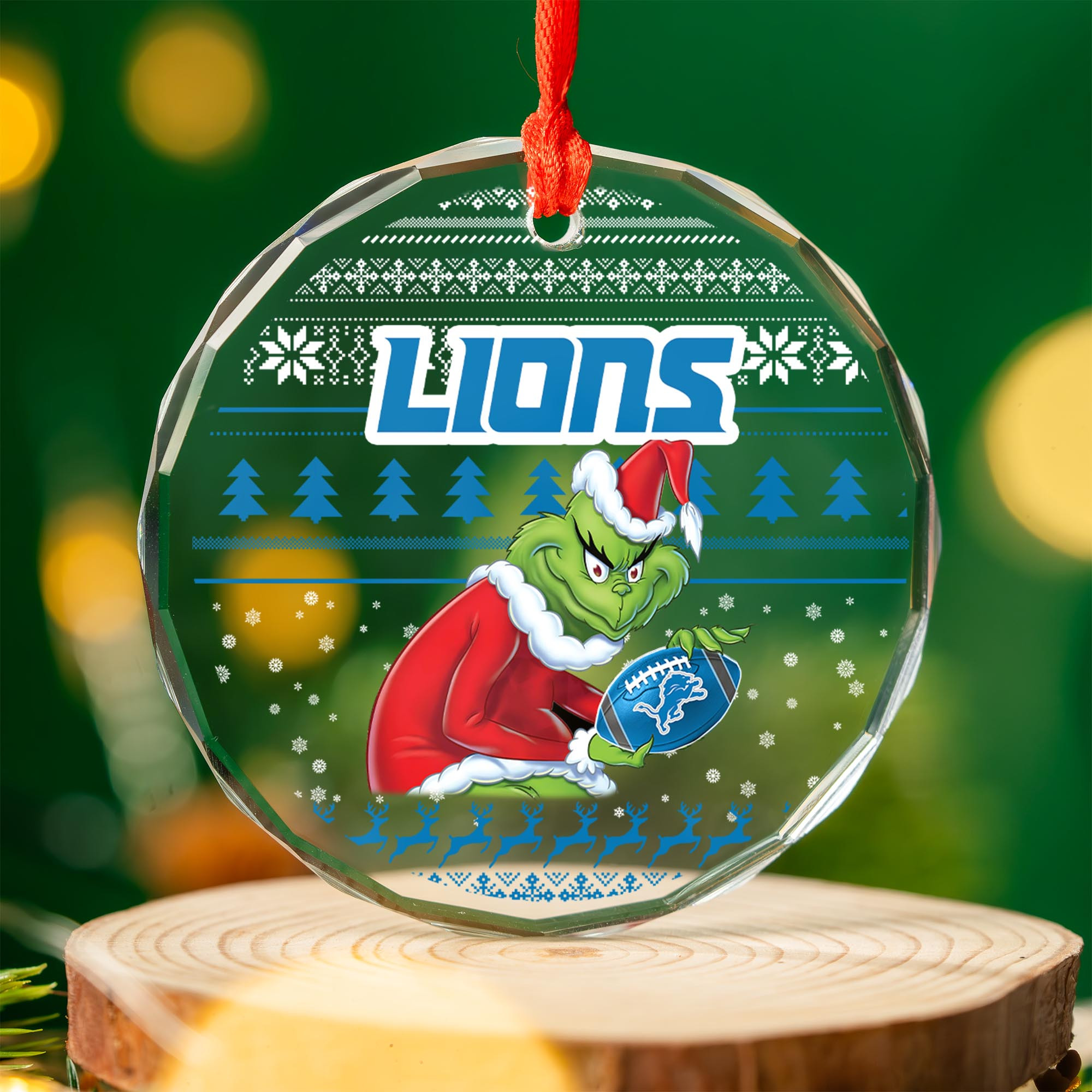 Sportswearmerch Detroit Lions NFL x Grinch Christmas Glass Ornament For Fans