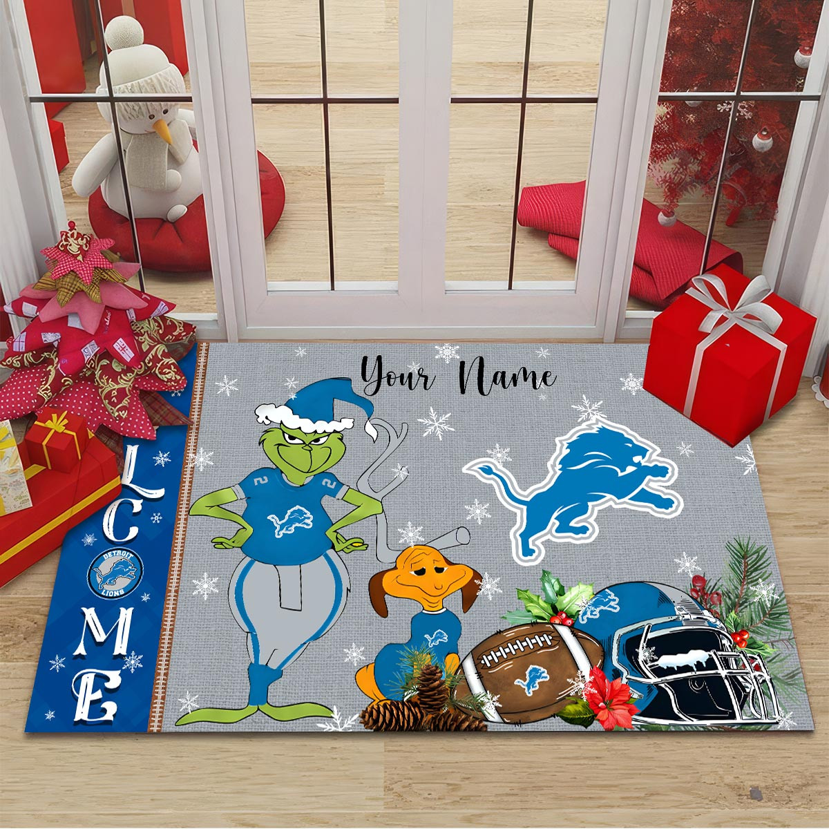 Sportswearmerch Detroit Lions NFL x Grinch Christmas Welcome Football Doormat For Fan