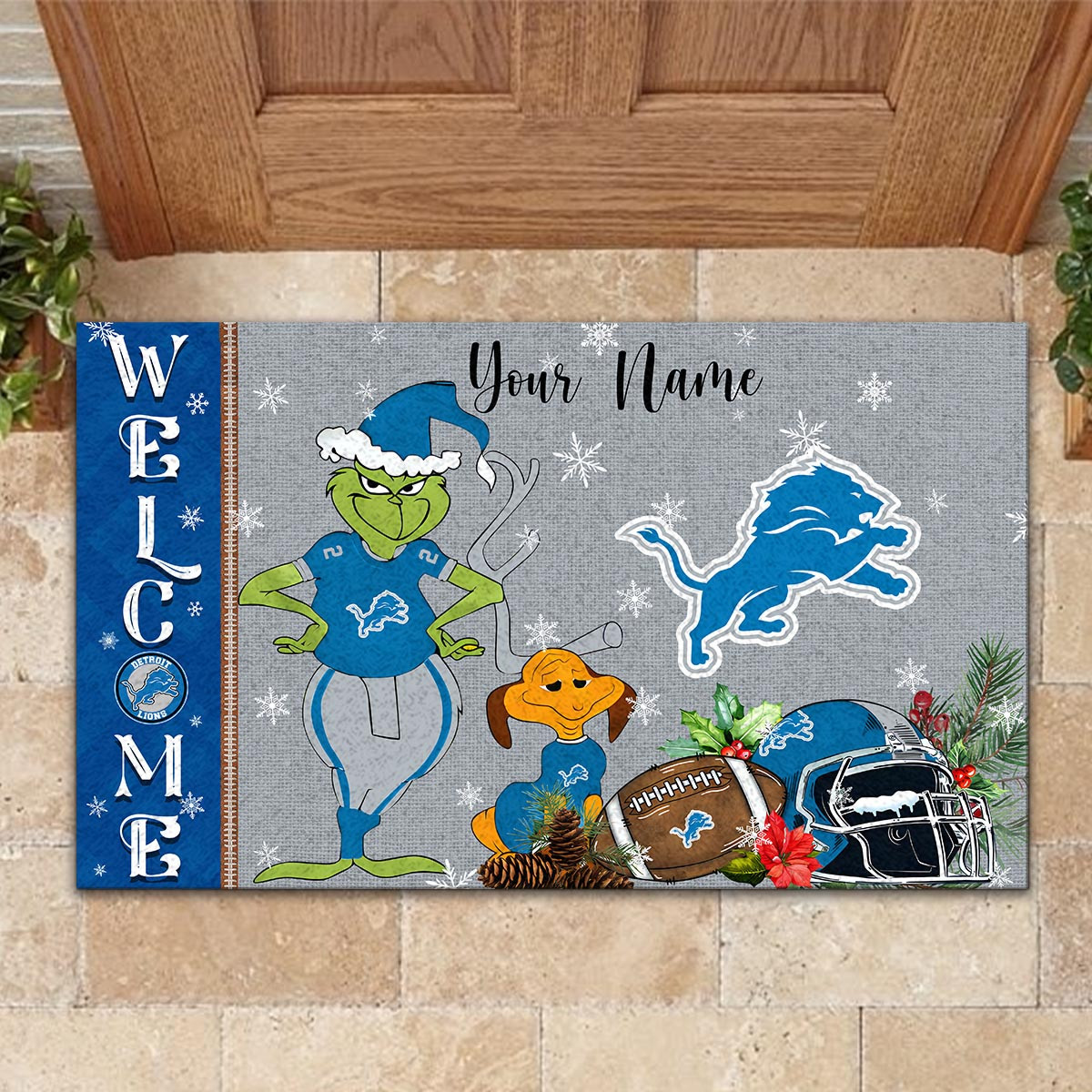Sportswearmerch Detroit Lions NFL x Grinch Christmas Welcome Football Doormat For Fan