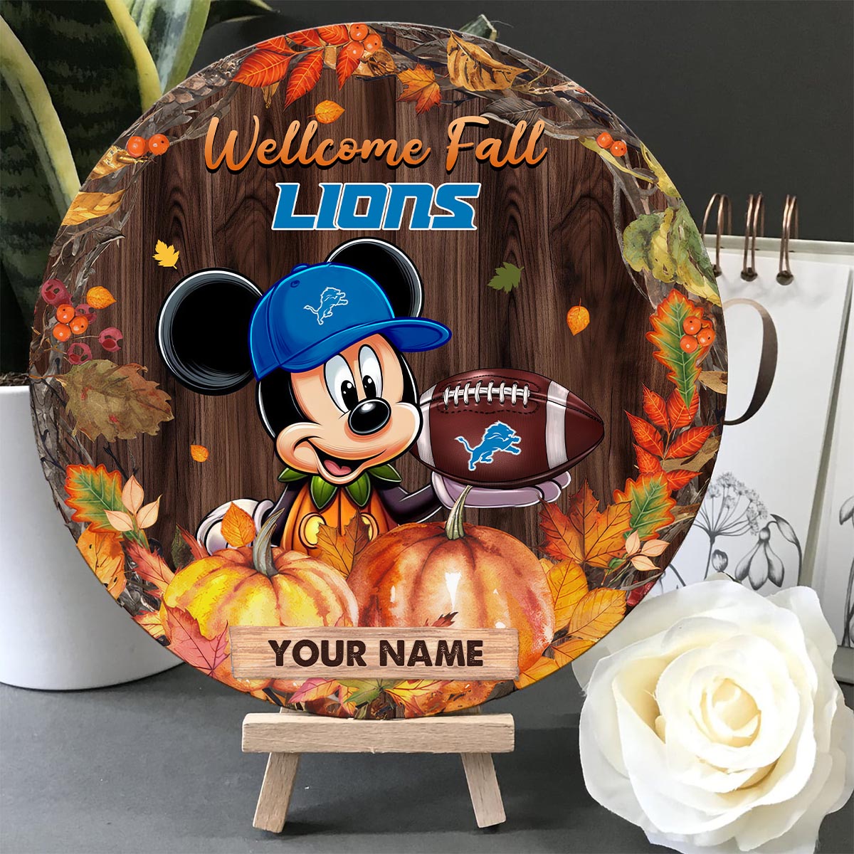 Sportswearmerch Detroit Lions NFL x Mickey Round Wooden Sign For Fan