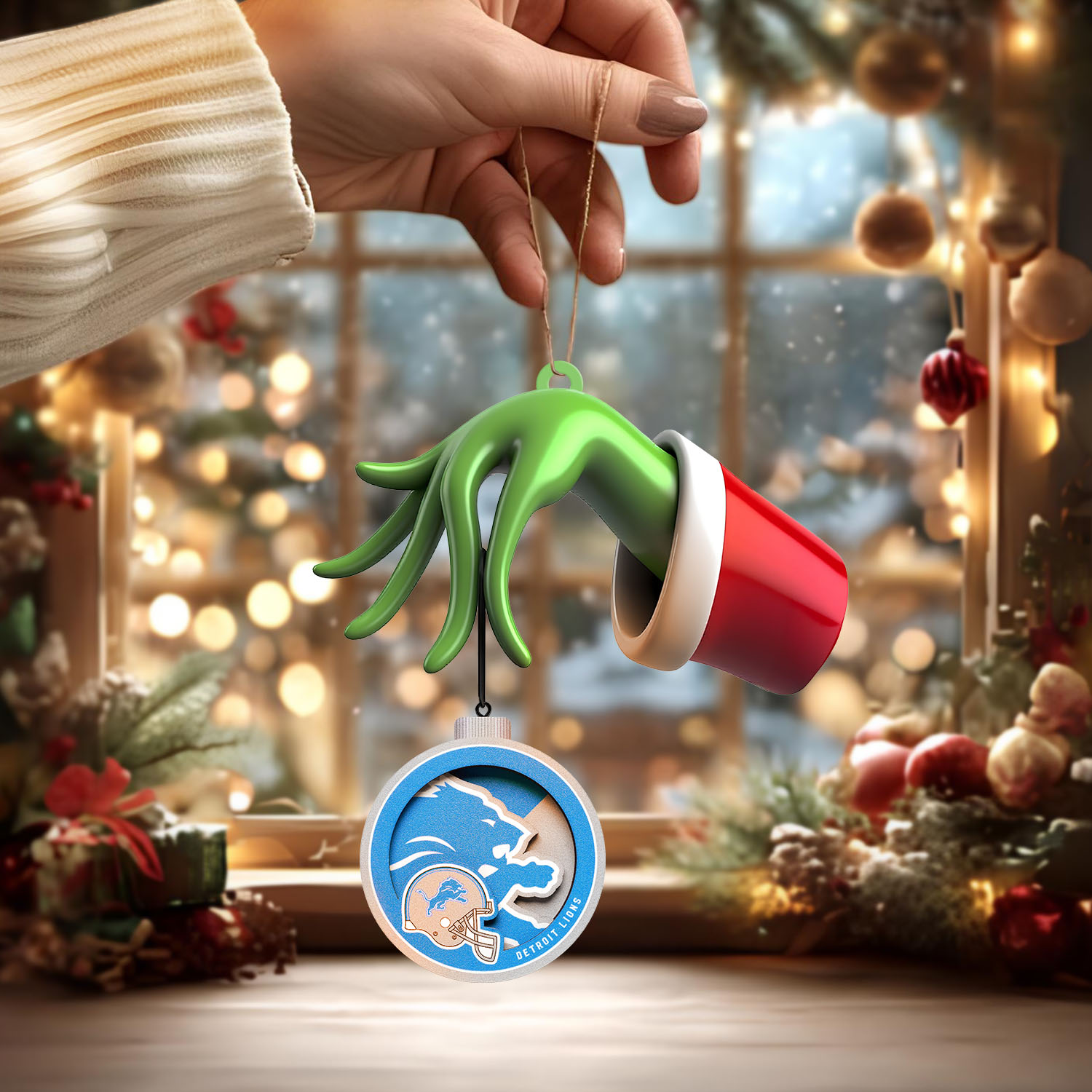 Sportswearmerch Detroit Lions NFL x The Grinch Christmas Acrylic Mix Wooden Ornament Gift For Fans