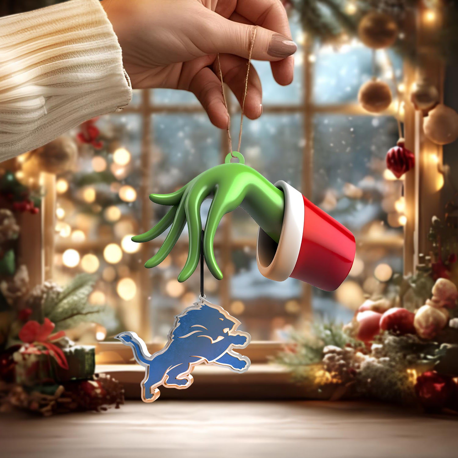 Sportswearmerch Detroit Lions NFL x The Grinch Christmas Acrylic Mix Wooden Ornament Gift For Fans