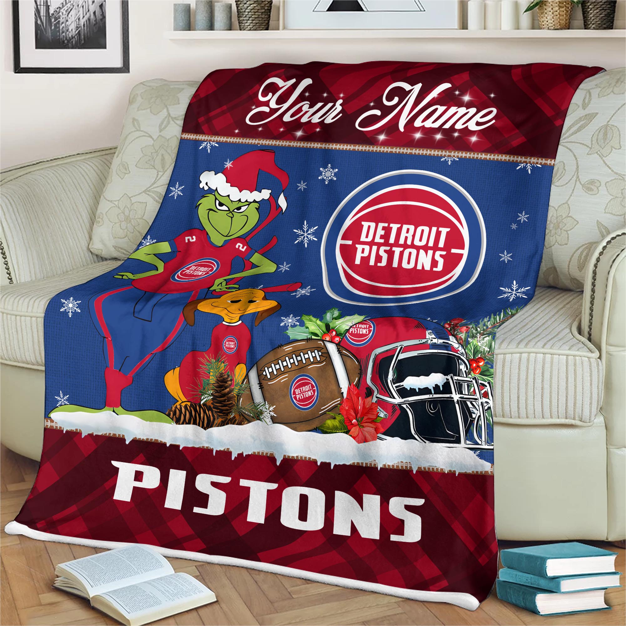 Sportswearmerch Detroit Pistons NBA x Grinch Christmas Fleece Blanket For Fan