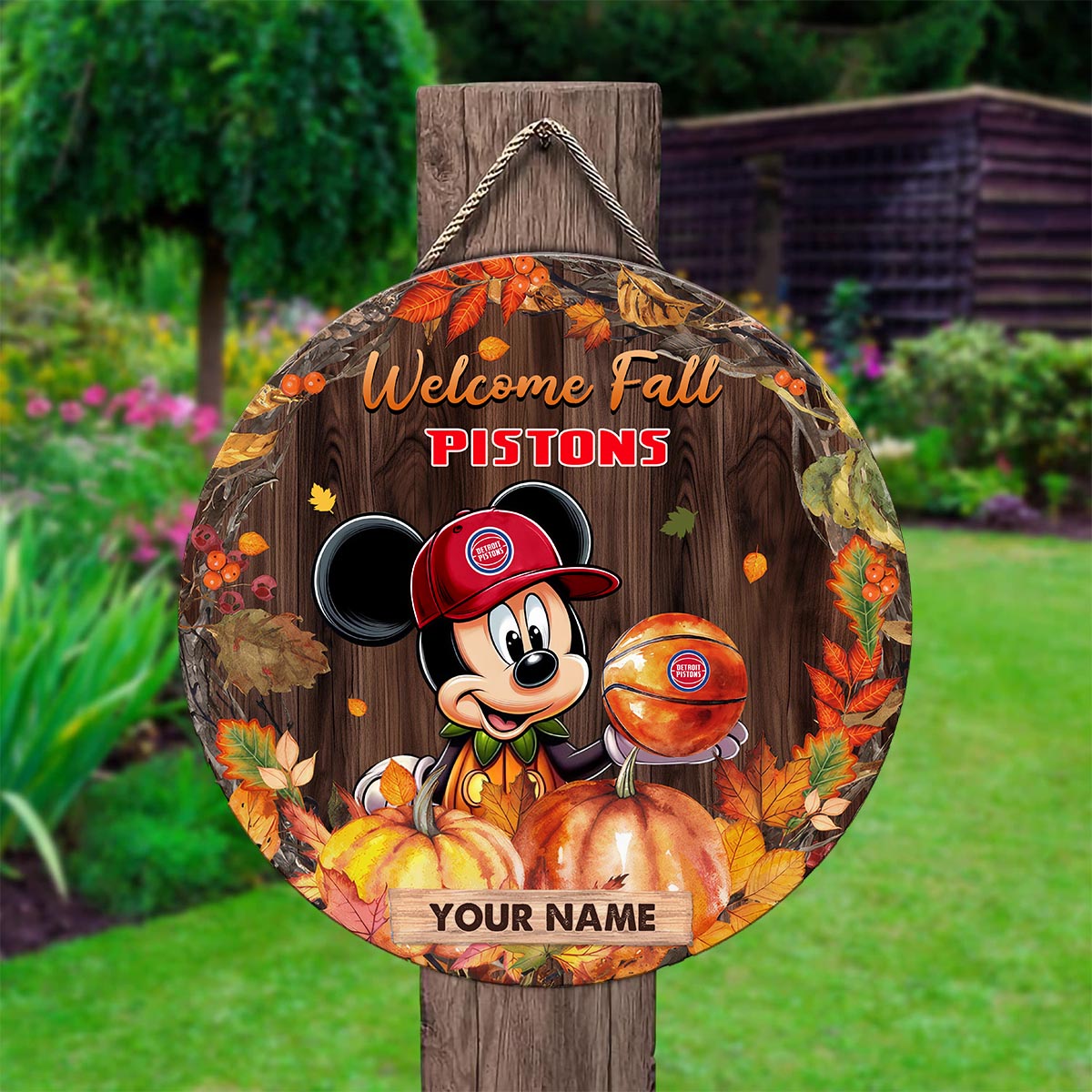 Sportswearmerch Detroit Pistons NBA x Mickey Round Wooden Sign For Fan