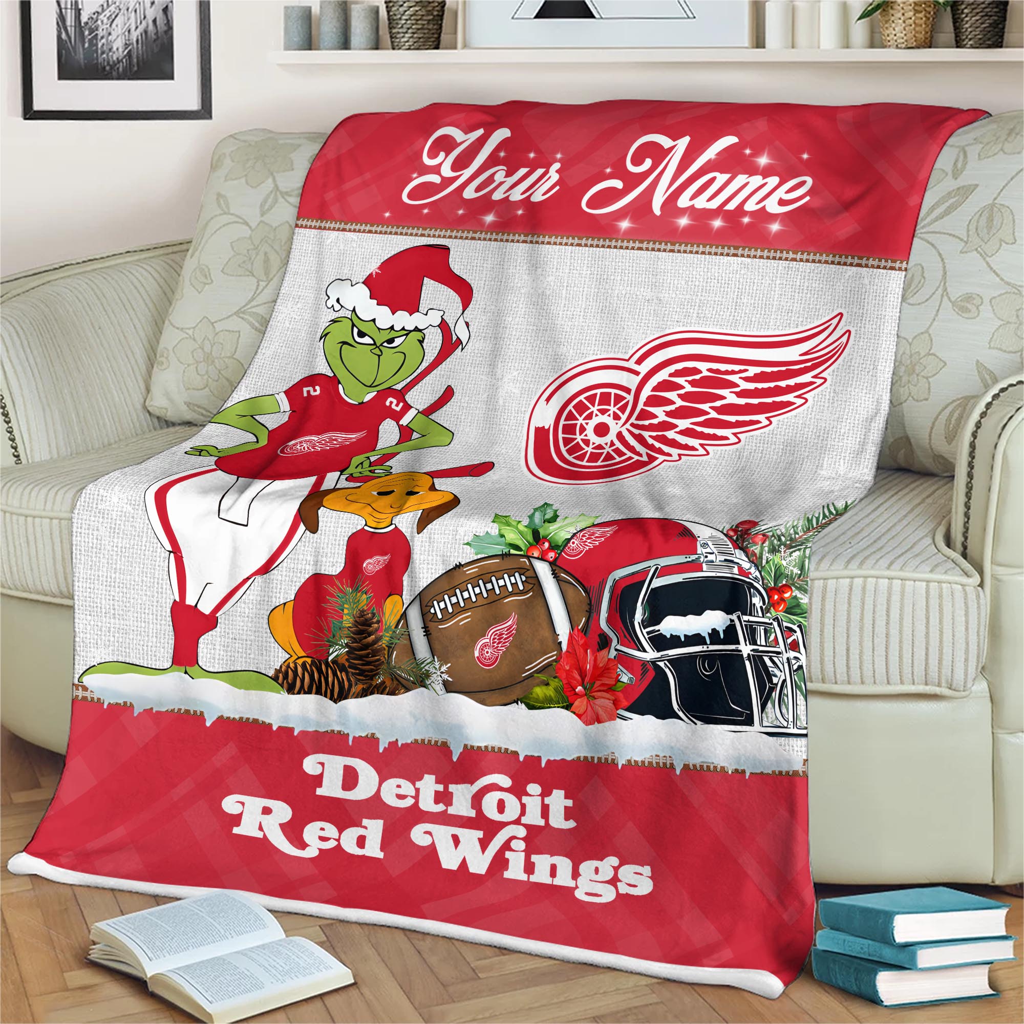 Sportswearmerch Detroit Red Wings NHL x Grinch Christmas Fleece Blanket For Fan