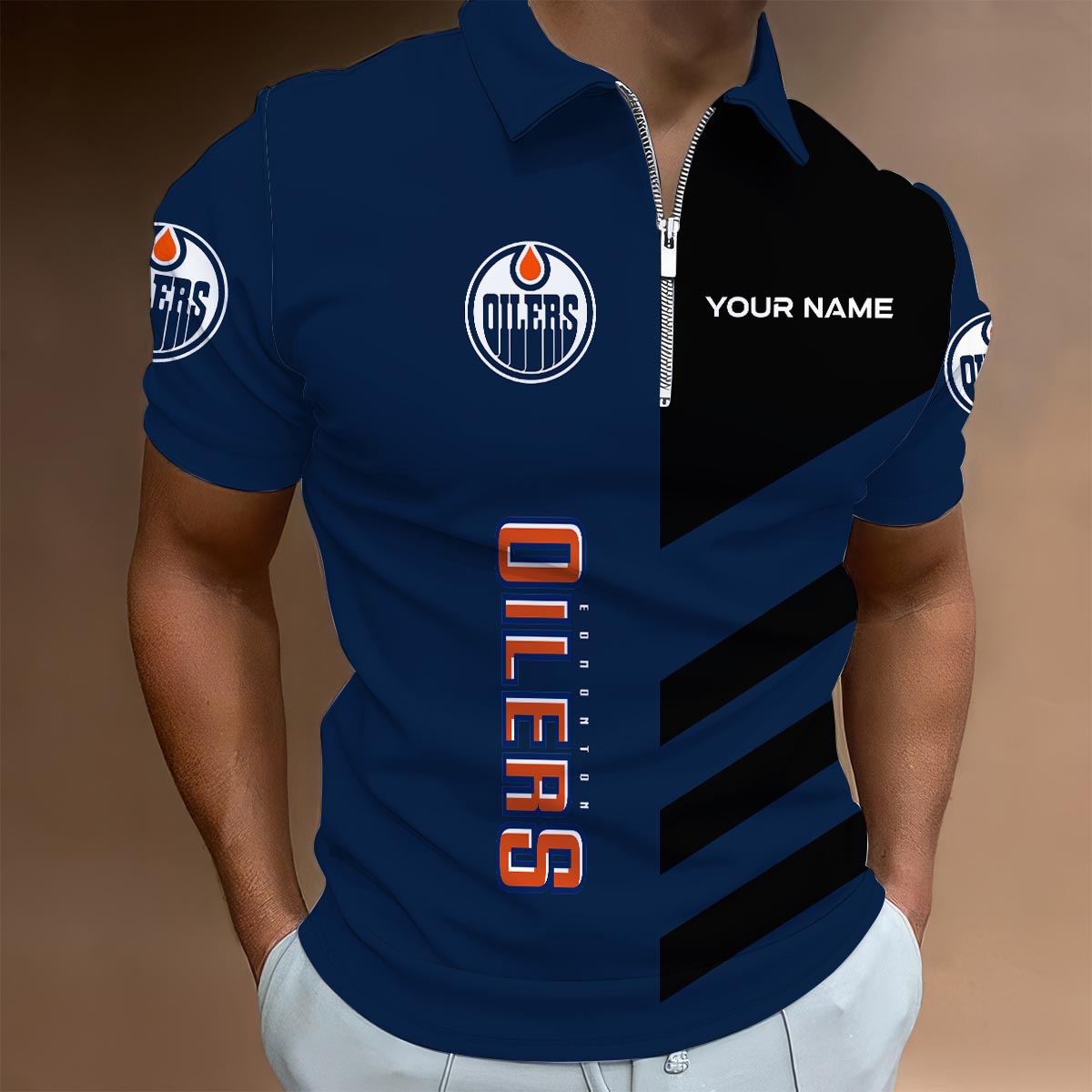 Sportswearmerch Edmonton Oilers NHL Lapel Zip Polo Shirt For Fan