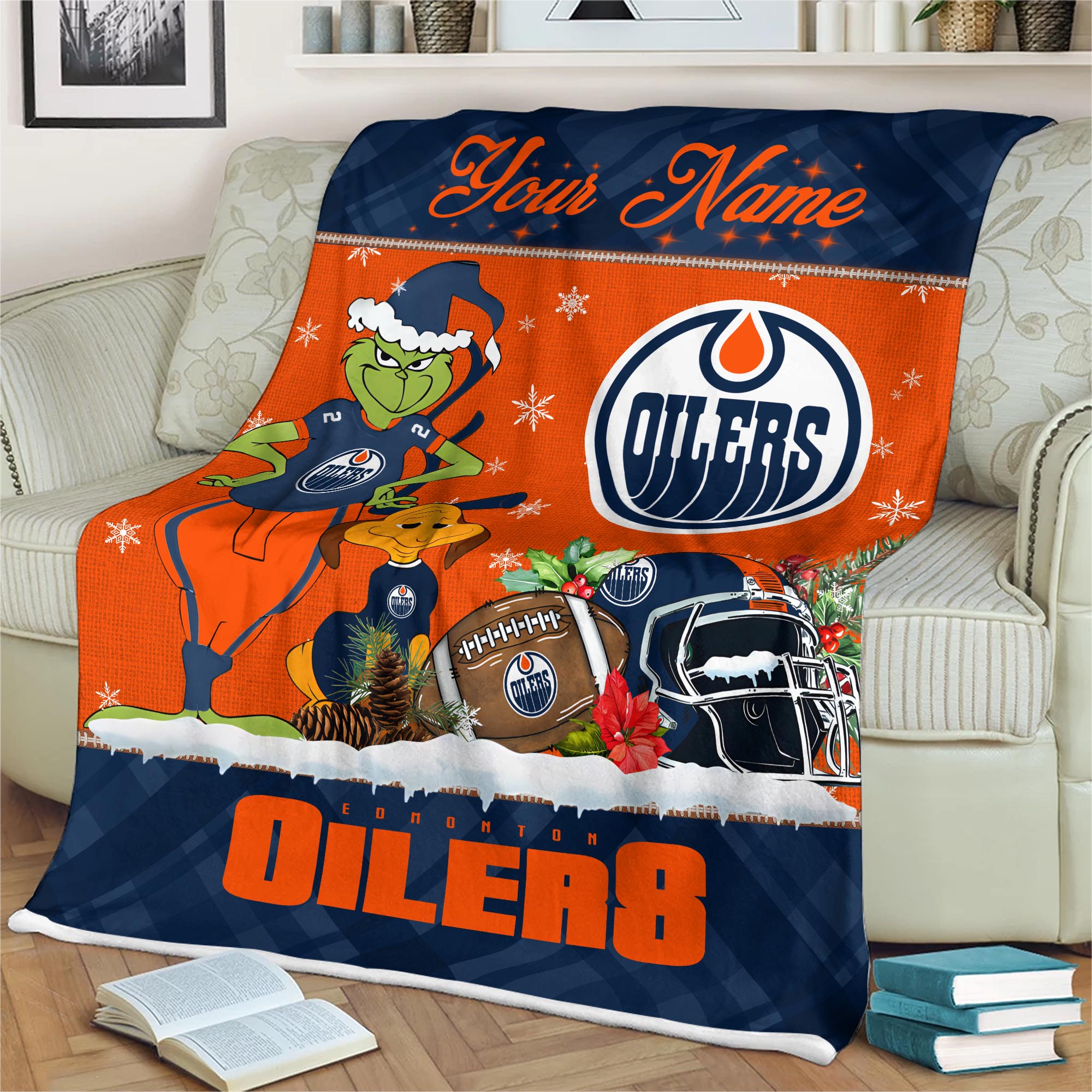 Sportswearmerch Edmonton Oilers NHL x Grinch Christmas Fleece Blanket For Fan
