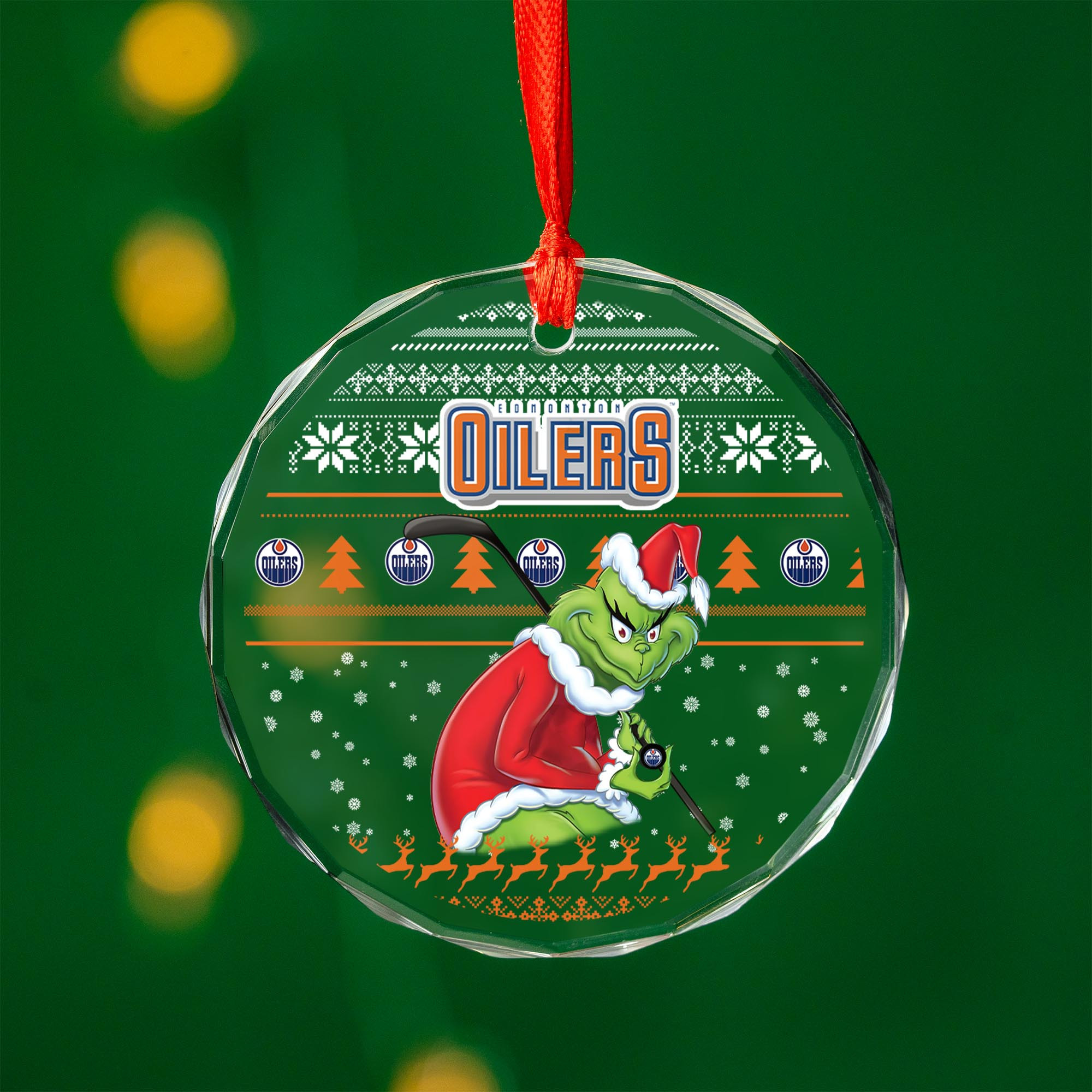 Sportswearmerch Edmonton Oilers NHL x Grinch Christmas Glass Ornament For Fans