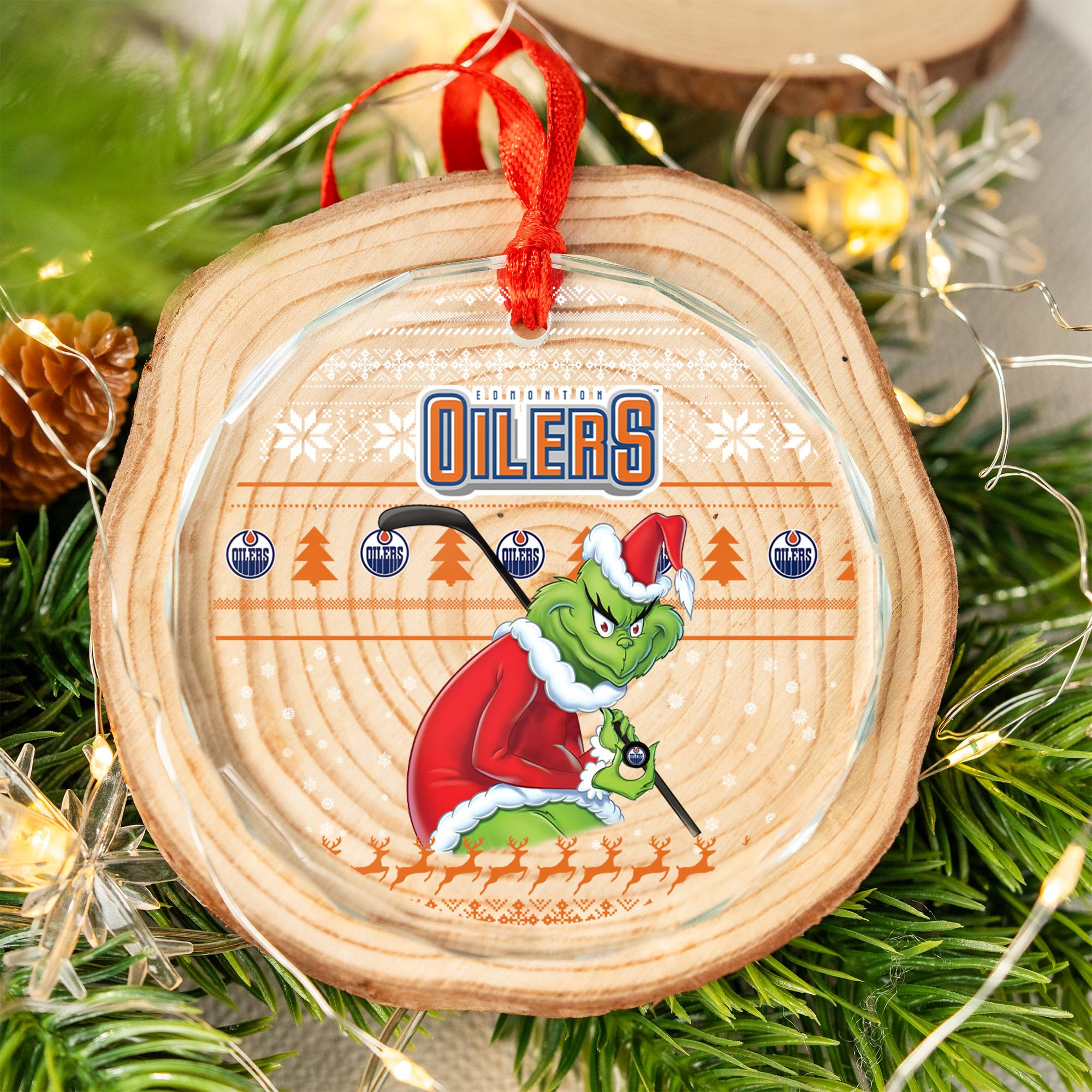 Sportswearmerch Edmonton Oilers NHL x Grinch Christmas Glass Ornament For Fans