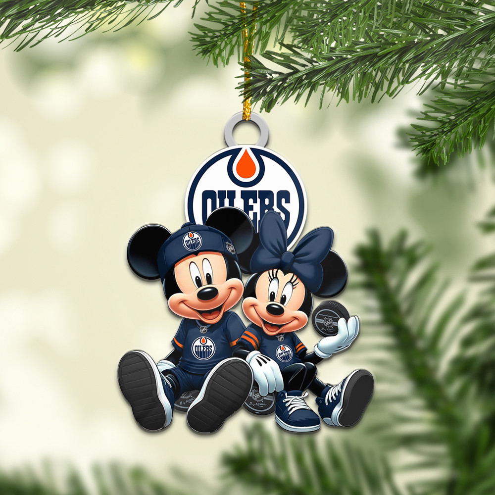 Sportswearmerch Edmonton Oilers NHL x Mickey and Minnie Mouse Personalized Acrylic Ornament For Fans