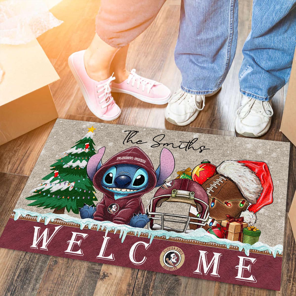 Sportswearmerch Florida State Seminoles NCAA x Cute Stitch Christmas Doormat For Fan