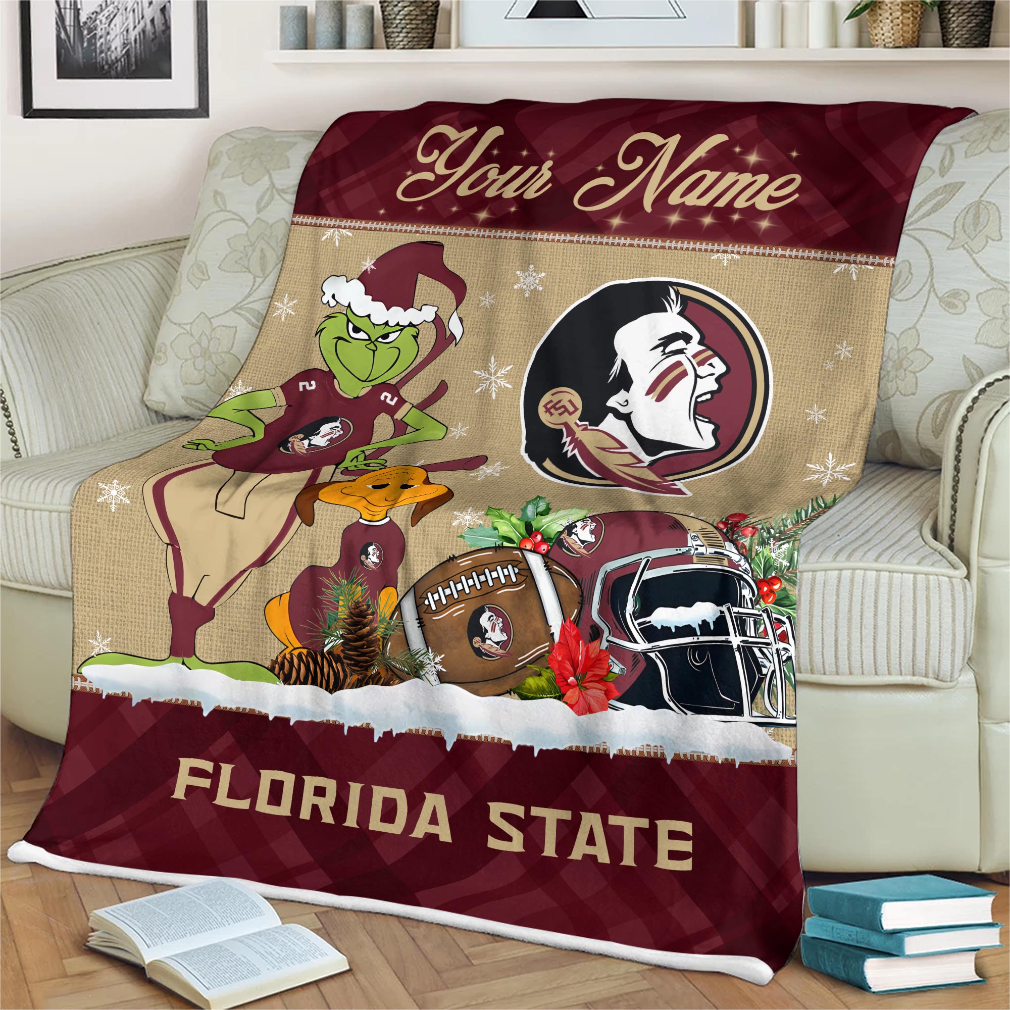 Sportswearmerch Florida State Seminoles NCAA x Grinch Christmas Fleece Blanket For Fan