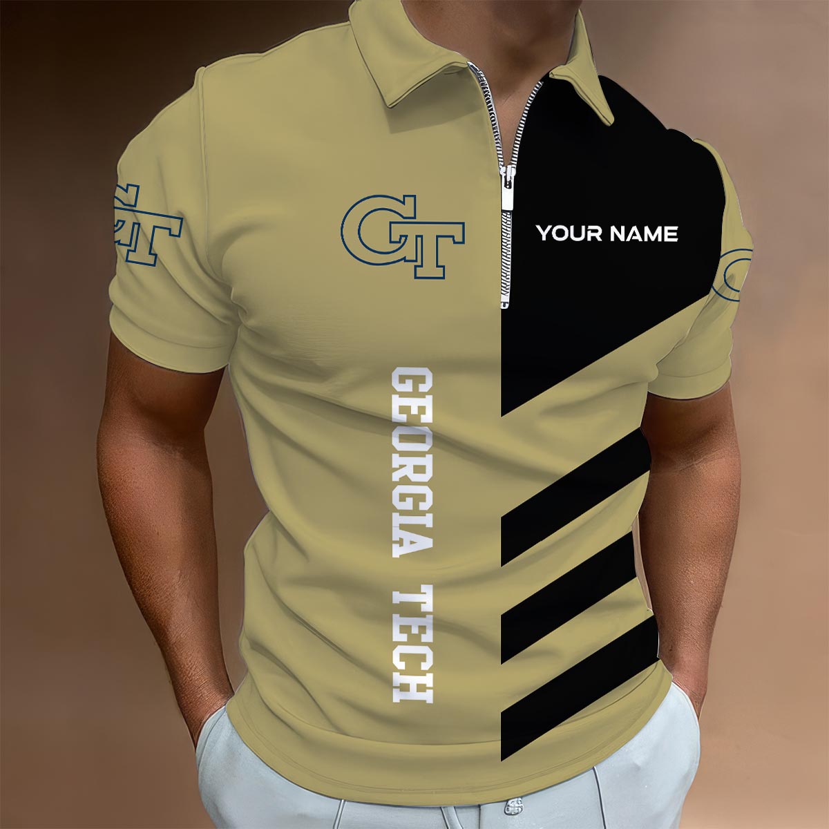 Sportswearmerch Georgia Tech Yellow Jackets NCAA Lapel Zip Polo Shirt For Fan