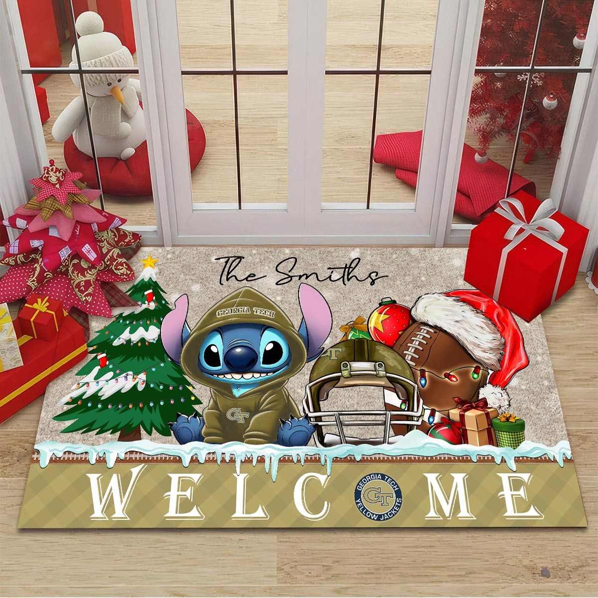Sportswearmerch Georgia Tech Yellow Jackets NCAA x Cute Stitch Christmas Doormat For Fan