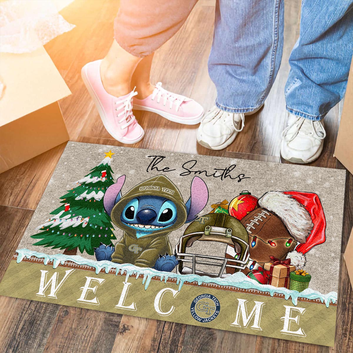 Sportswearmerch Georgia Tech Yellow Jackets NCAA x Cute Stitch Christmas Doormat For Fan