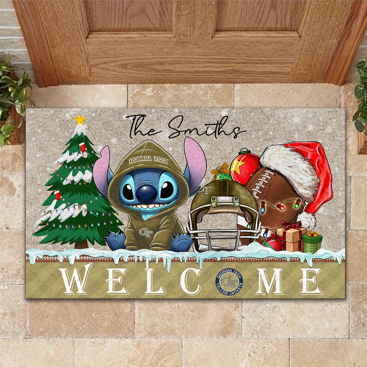 Sportswearmerch Georgia Tech Yellow Jackets NCAA x Cute Stitch Christmas Doormat For Fan