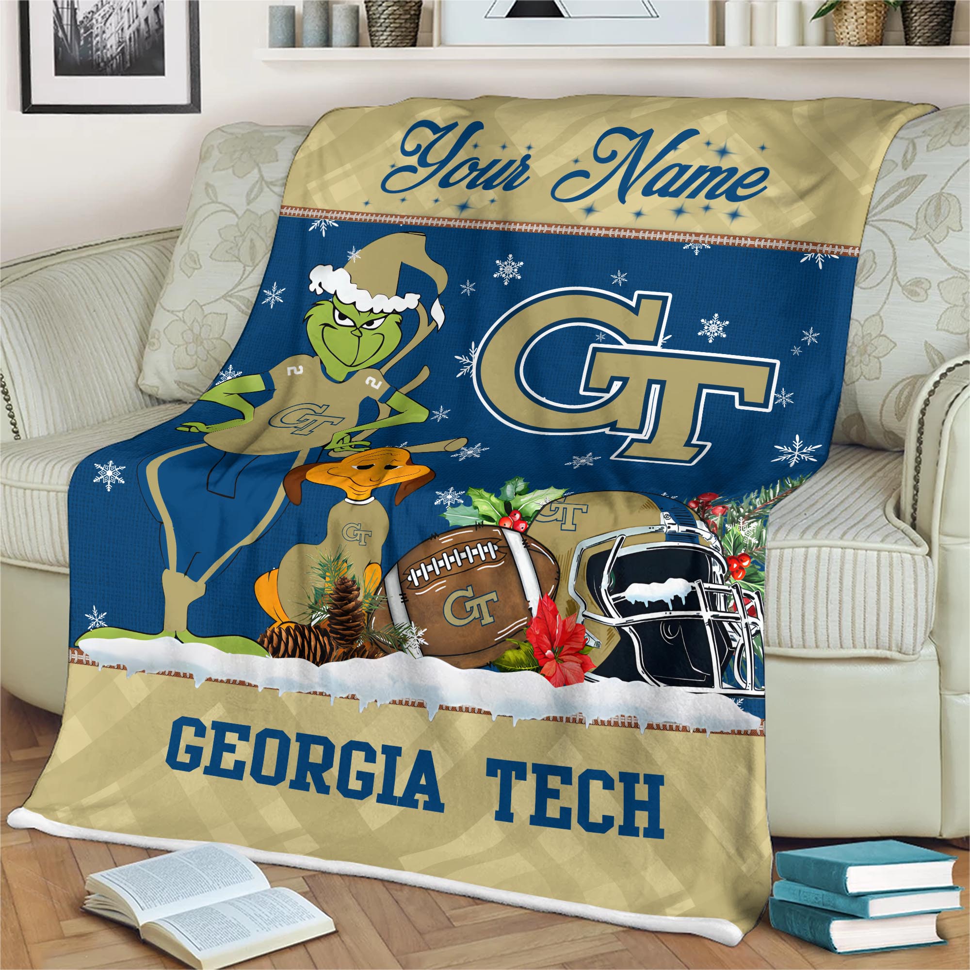 Sportswearmerch Georgia Tech Yellow Jackets NCAA x Grinch Christmas Fleece Blanket For Fan