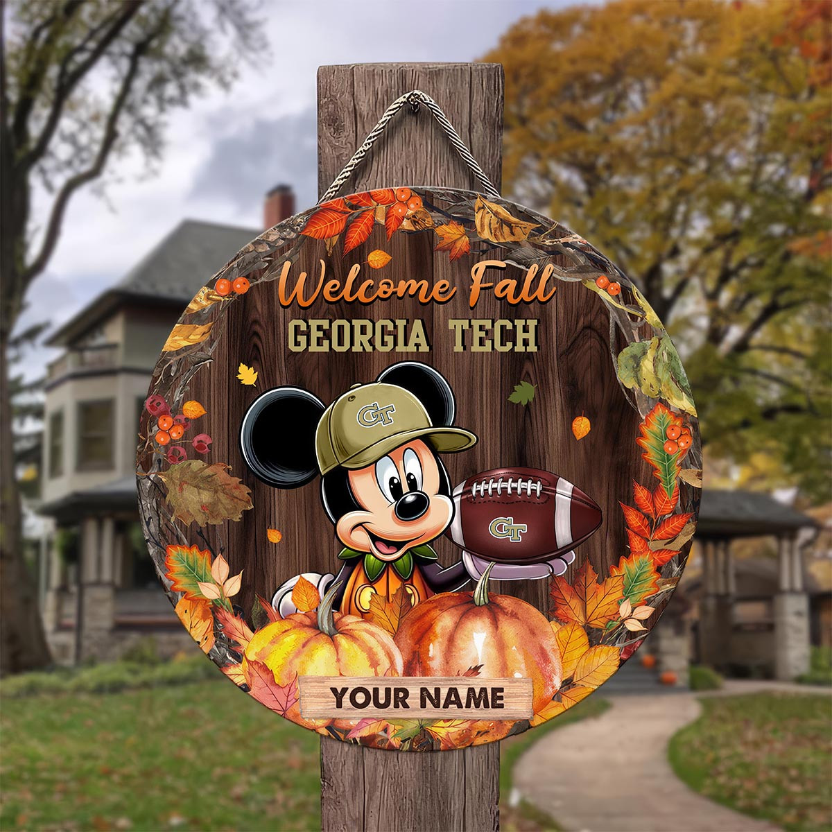 Sportswearmerch Georgia Tech Yellow Jackets NCAA x Mickey Round Wooden Sign For Fan
