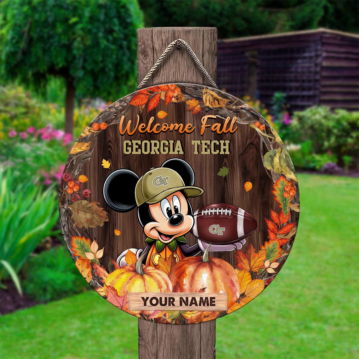 Sportswearmerch Georgia Tech Yellow Jackets NCAA x Mickey Round Wooden Sign For Fan